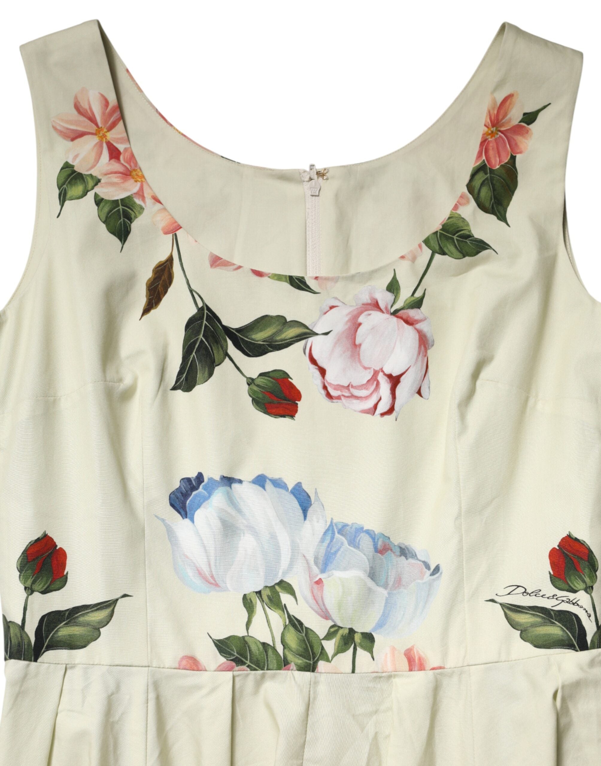 Experience the exquisite Dolce & Gabbana Beige Floral Sleeveless A-line Dress, a masterpiece of Italian craftsmanship that embodies refined luxury and timeless elegance.