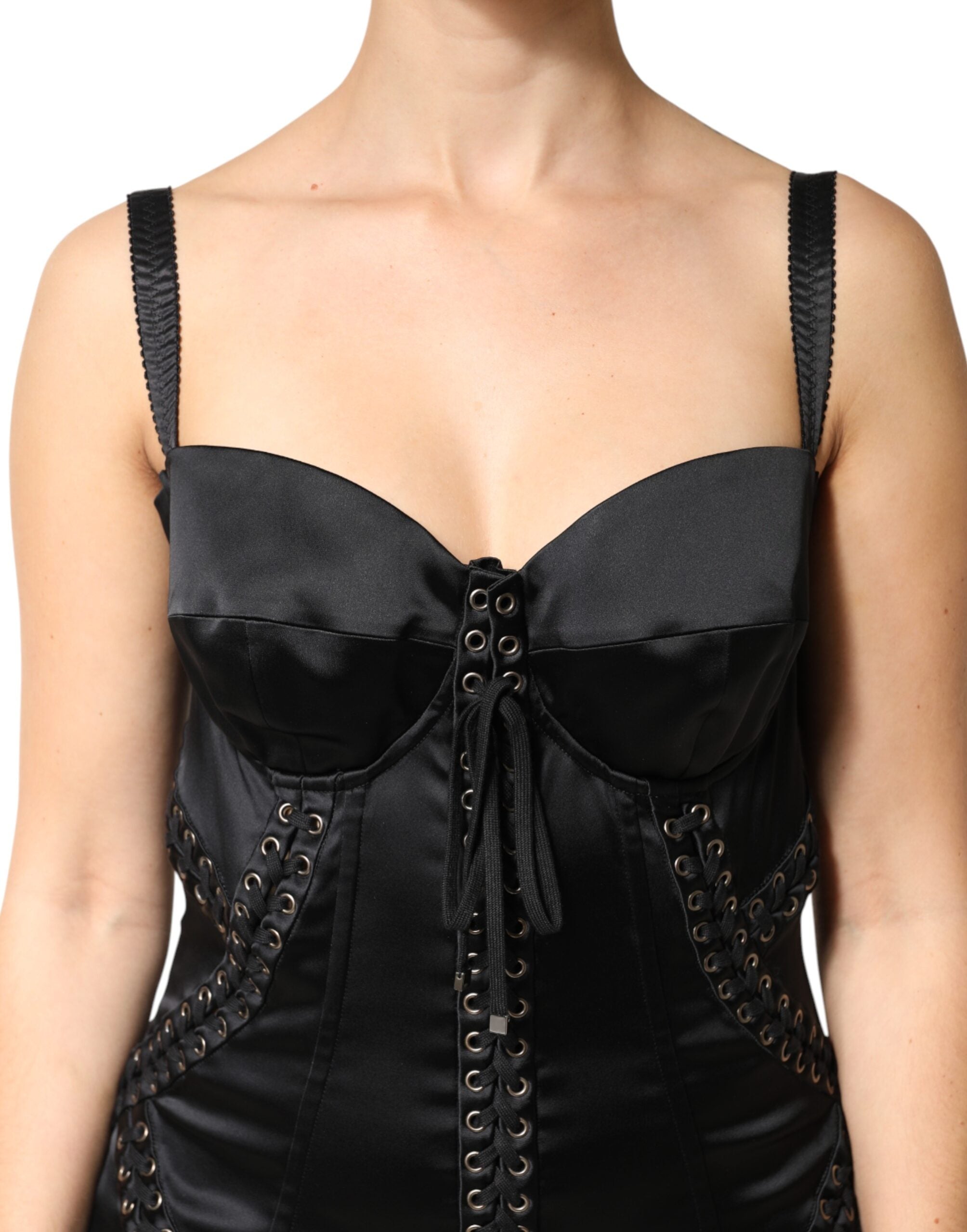 Dolce & Gabbana Black Satin Acetate Lace Eyelets Mini Dress