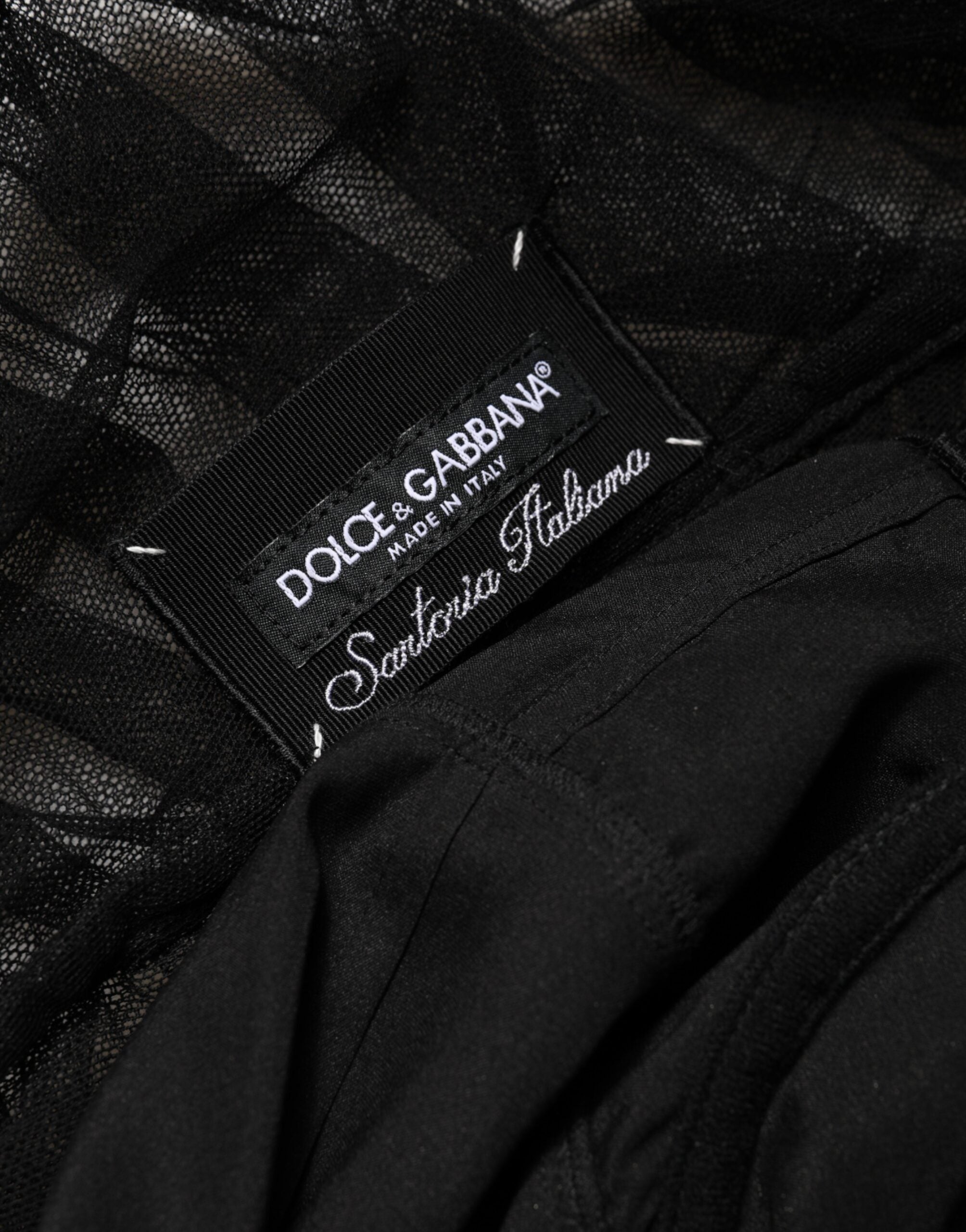 Dolce & Gabbana Black V-Neck Ruched Lace Hem Midi Dress