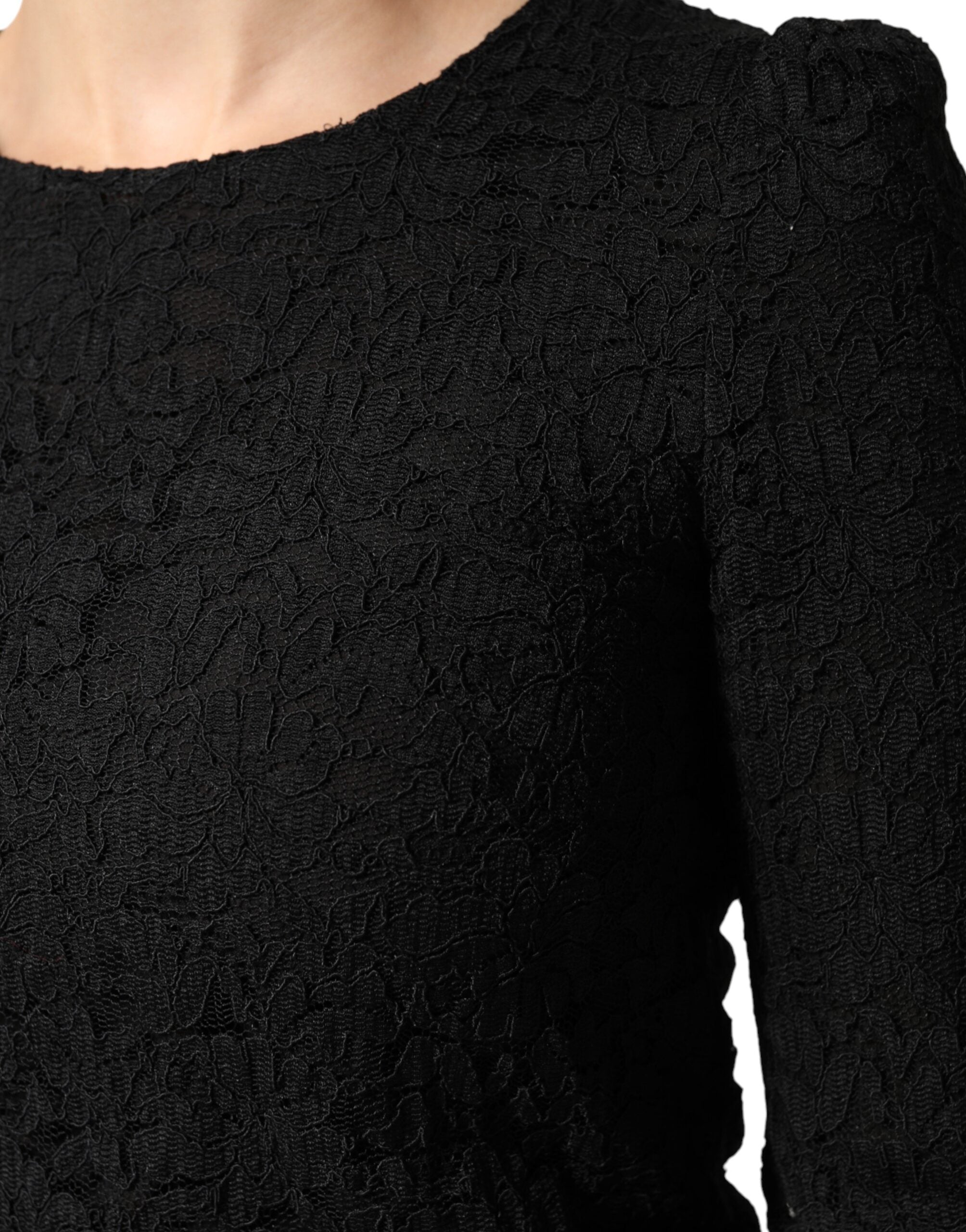 Dolce & Gabbana Black Floral Lace Silk Round Neck Blouse Top