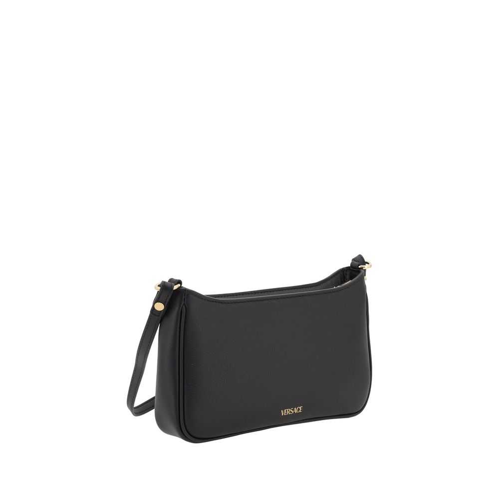 Experience the allure of the Versace Black Calf Leather Bos Taurus Shoulder Bag, a symbol of luxury and sophistication, crafted for the discerning individual.