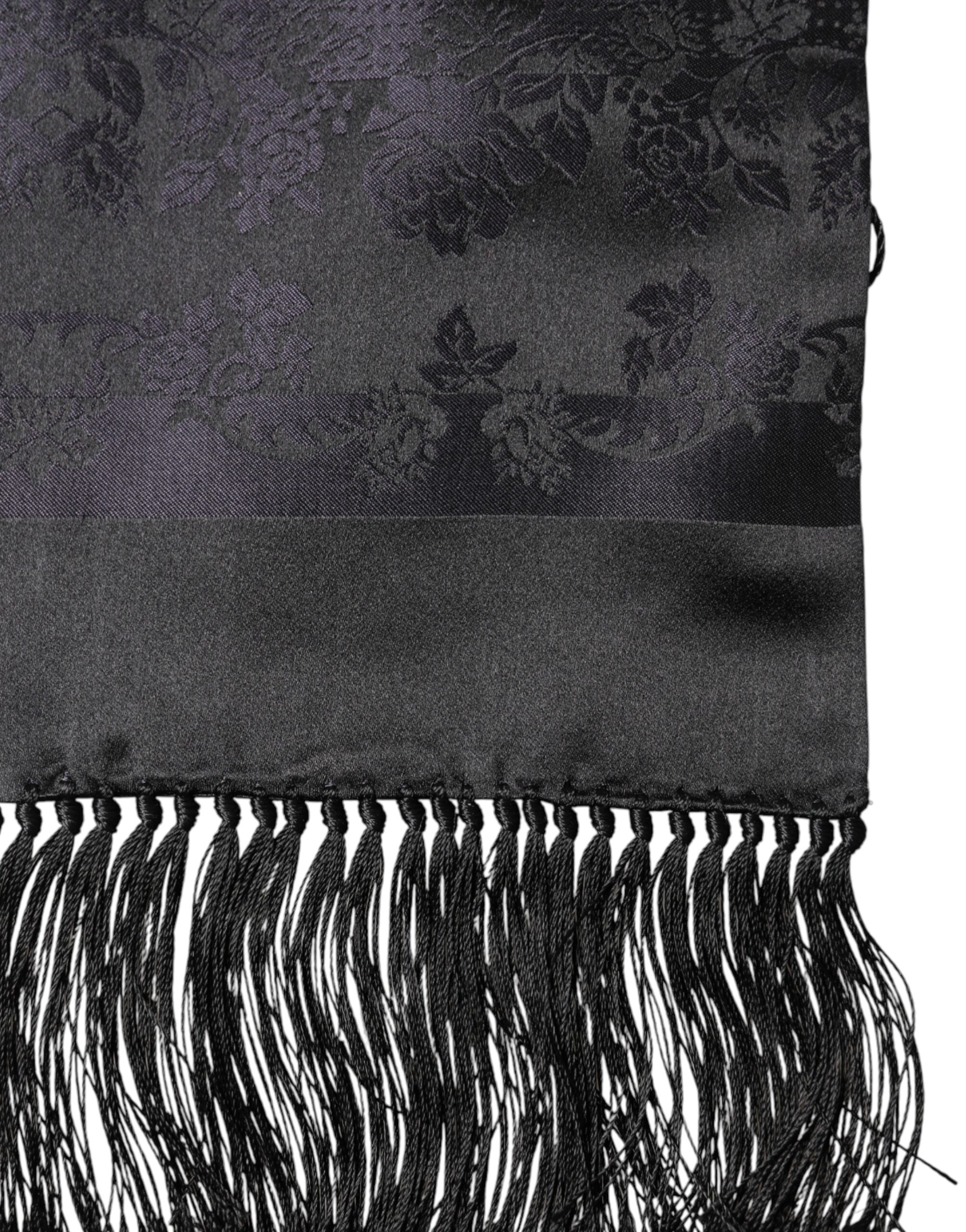 Dolce & Gabbana Black Satin Silk Fringes Neck Foulard Scarf