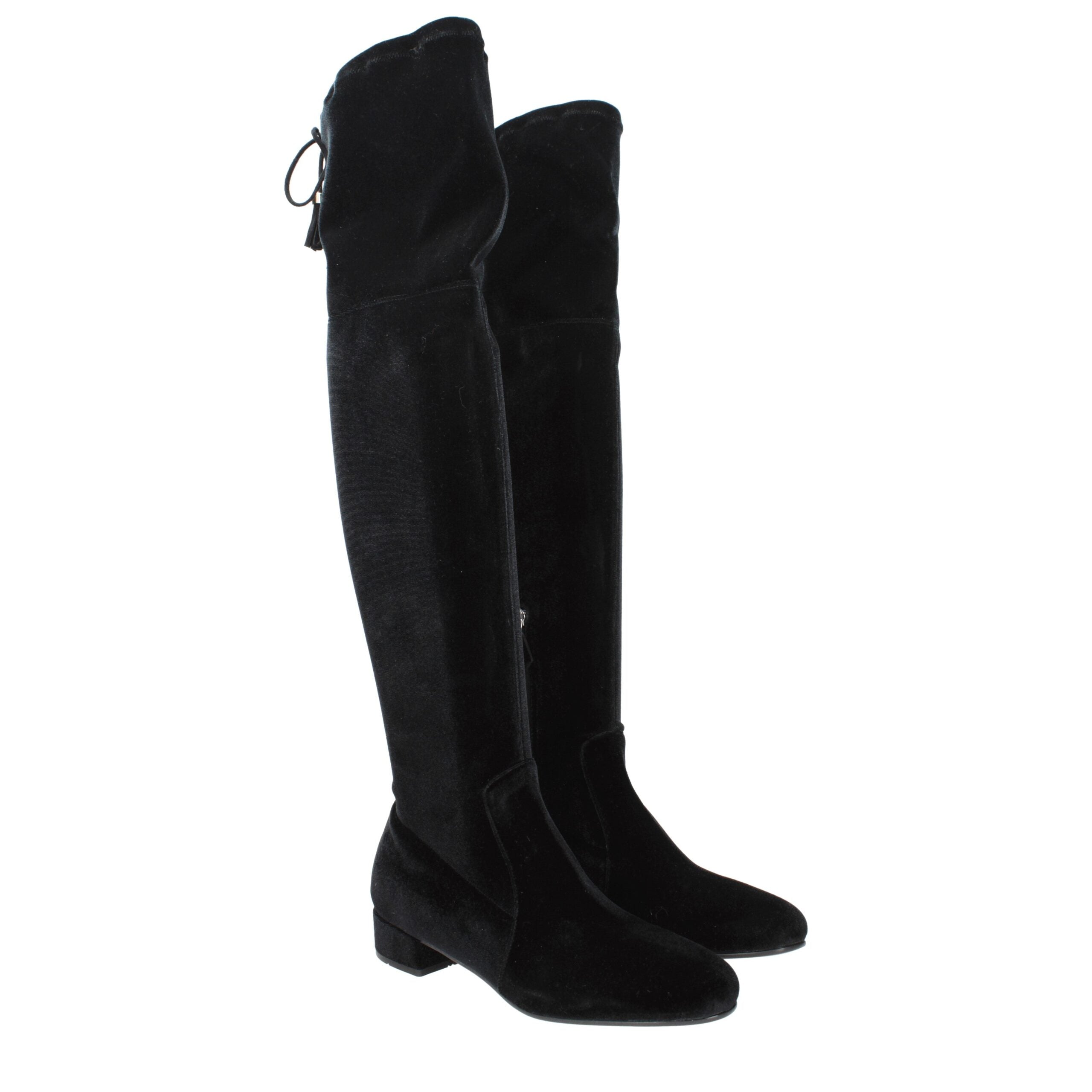 Experience the allure of Prada Black Velvet Over The Knee Boots, where sumptuous velvet and exquisite craftsmanship redefine elegance for the discerning individual.
