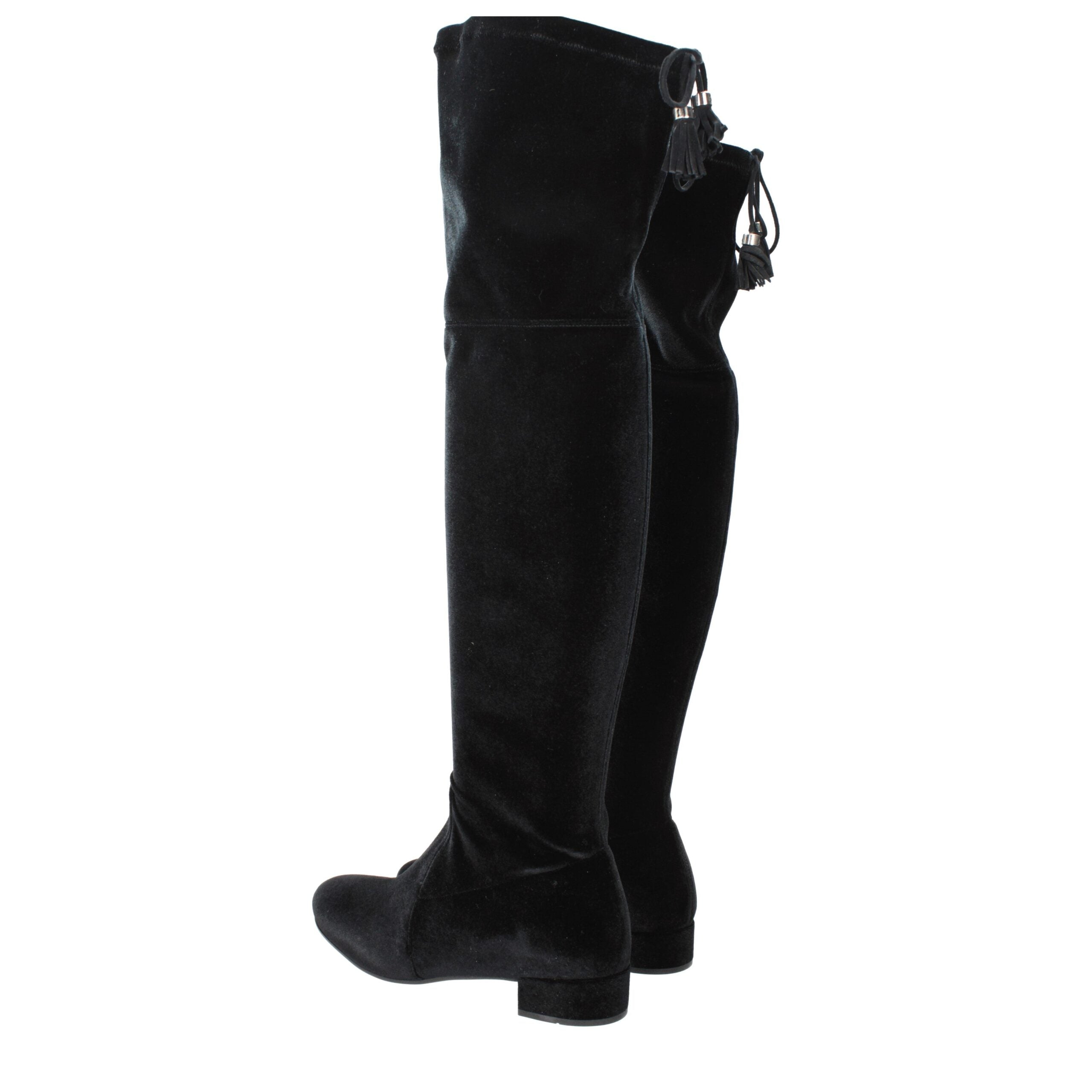 Elevate your style with Prada Black Velvet Over The Knee Boots, where sumptuous velvet meets exquisite craftsmanship, embodying timeless luxury and daring sophistication.
