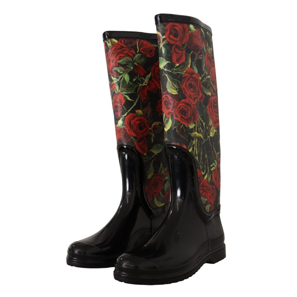 Elevate your rainy-day ensemble with Dolce & Gabbana Black Polyvinyl Rain Boots, where exquisite craftsmanship meets a captivating red roses pattern, embodying luxury and allure.