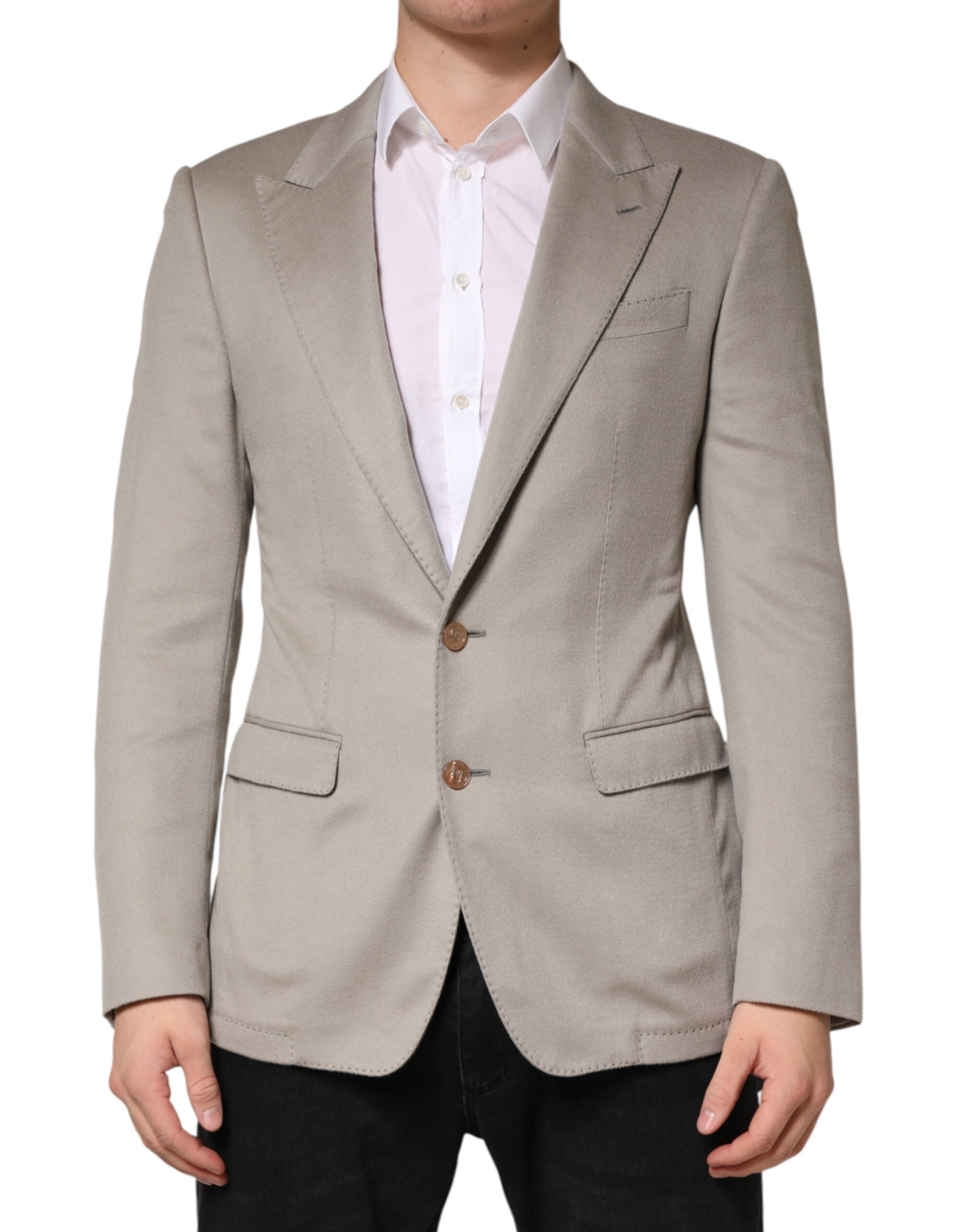 Elevate your wardrobe with the Dolce & Gabbana Gray Cashmere Single Breasted Jacket, a testament to Italian craftsmanship and timeless elegance, perfect for discerning tastes.