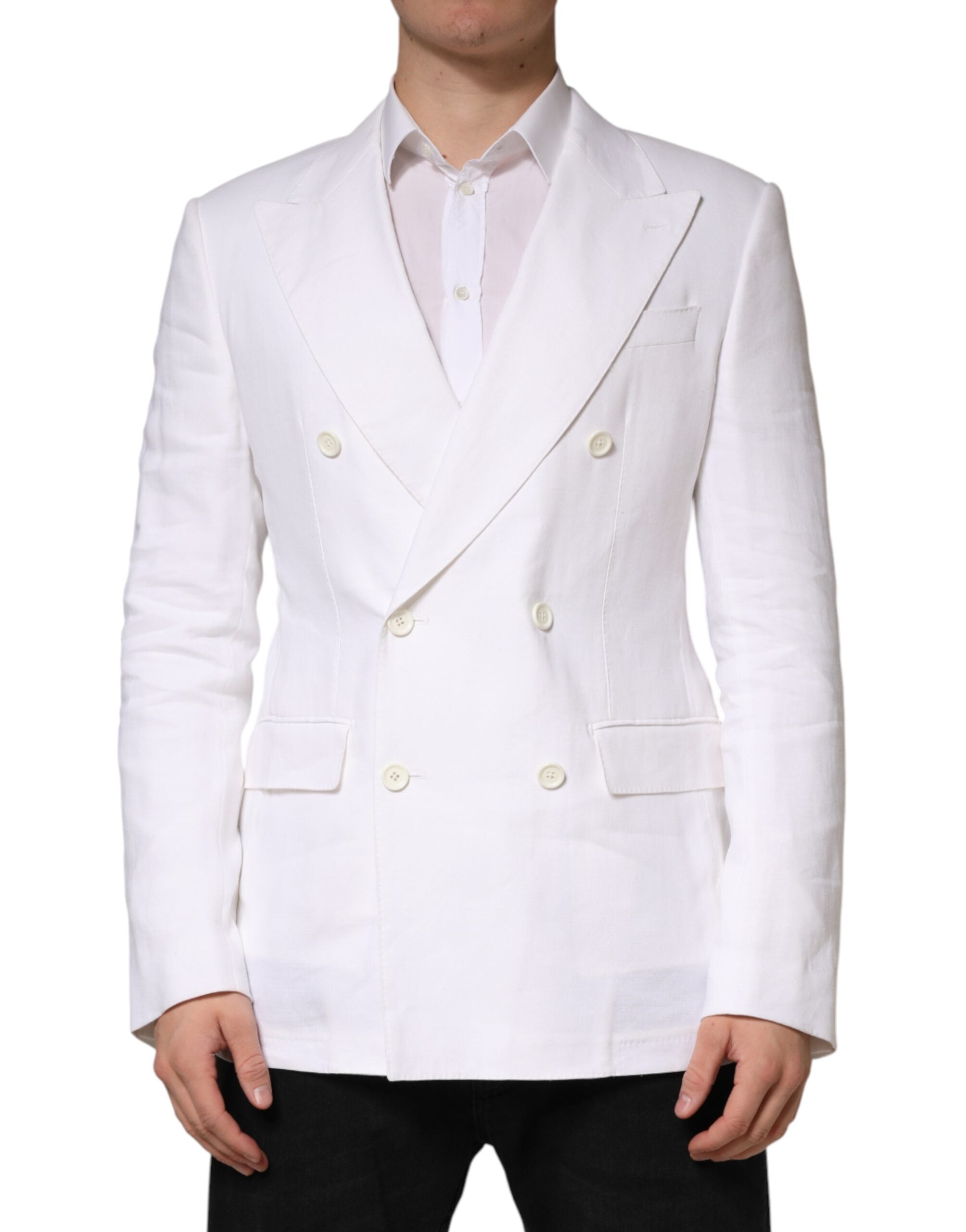Elevate your wardrobe with the Dolce & Gabbana White Linen Double Breasted Blazer, a masterpiece of Italian craftsmanship that embodies timeless elegance and sophistication.