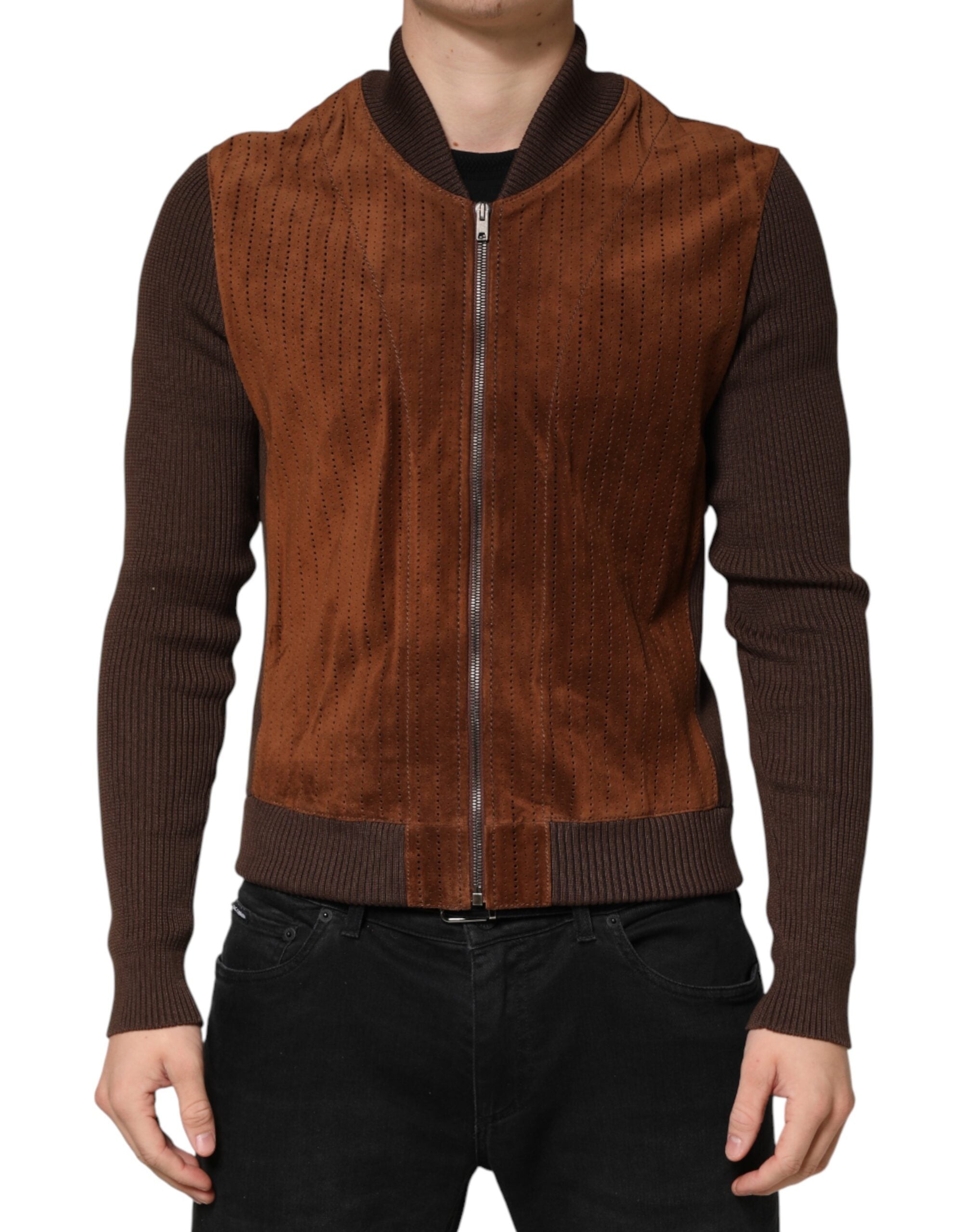 Indulge in the exquisite Dolce & Gabbana Brown Velvet Calfskin Full Zip Biker Jacket, a masterpiece of Italian craftsmanship that elevates your style with luxurious elegance.