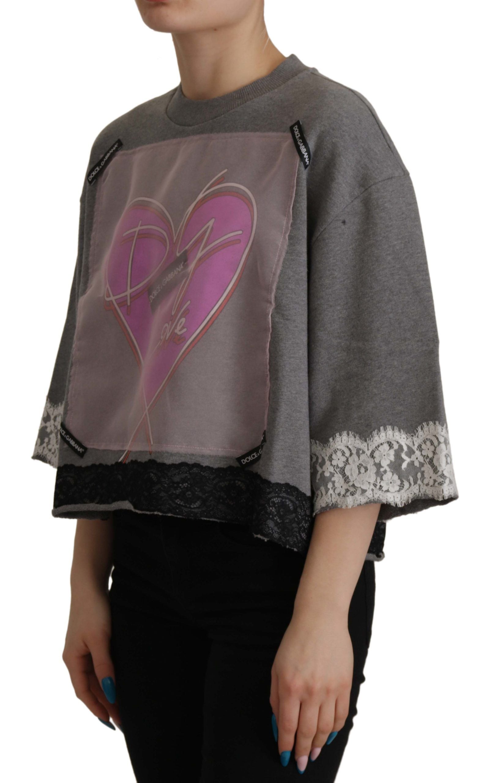 Dolce & Gabbana Chic Grey Cotton Heart Tee with Bell Sleeves - DEA STILOSA MILANO