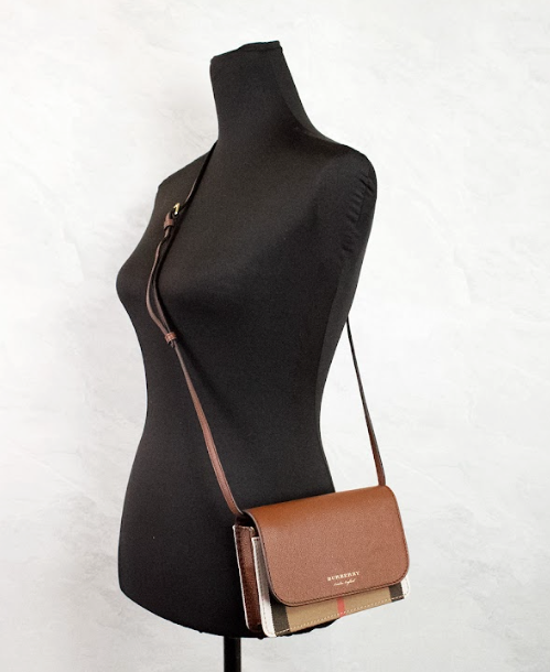 Burberry Hampshire Small House Check Canvas Tan Derby Leather Crossbody Bag - DEA STILOSA MILANO
