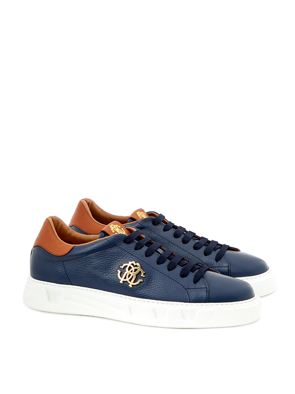 Roberto Cavalli Blue Leather Sneakers with Gold Logo - DEA STILOSA MILANO