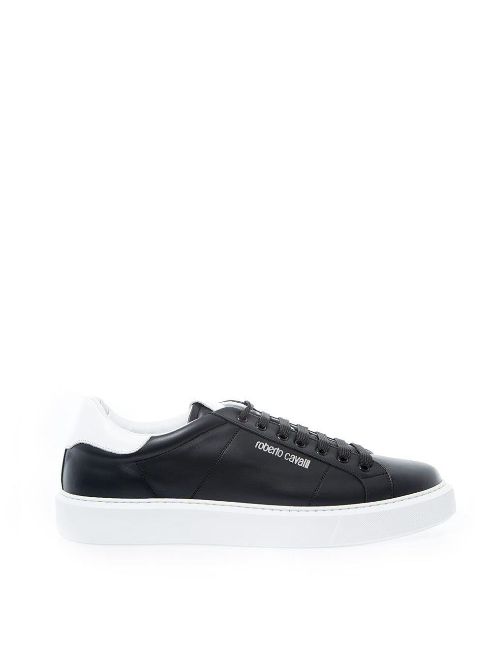 Roberto Cavalli Black Leather Sneakers with Silver Logo - DEA STILOSA MILANO