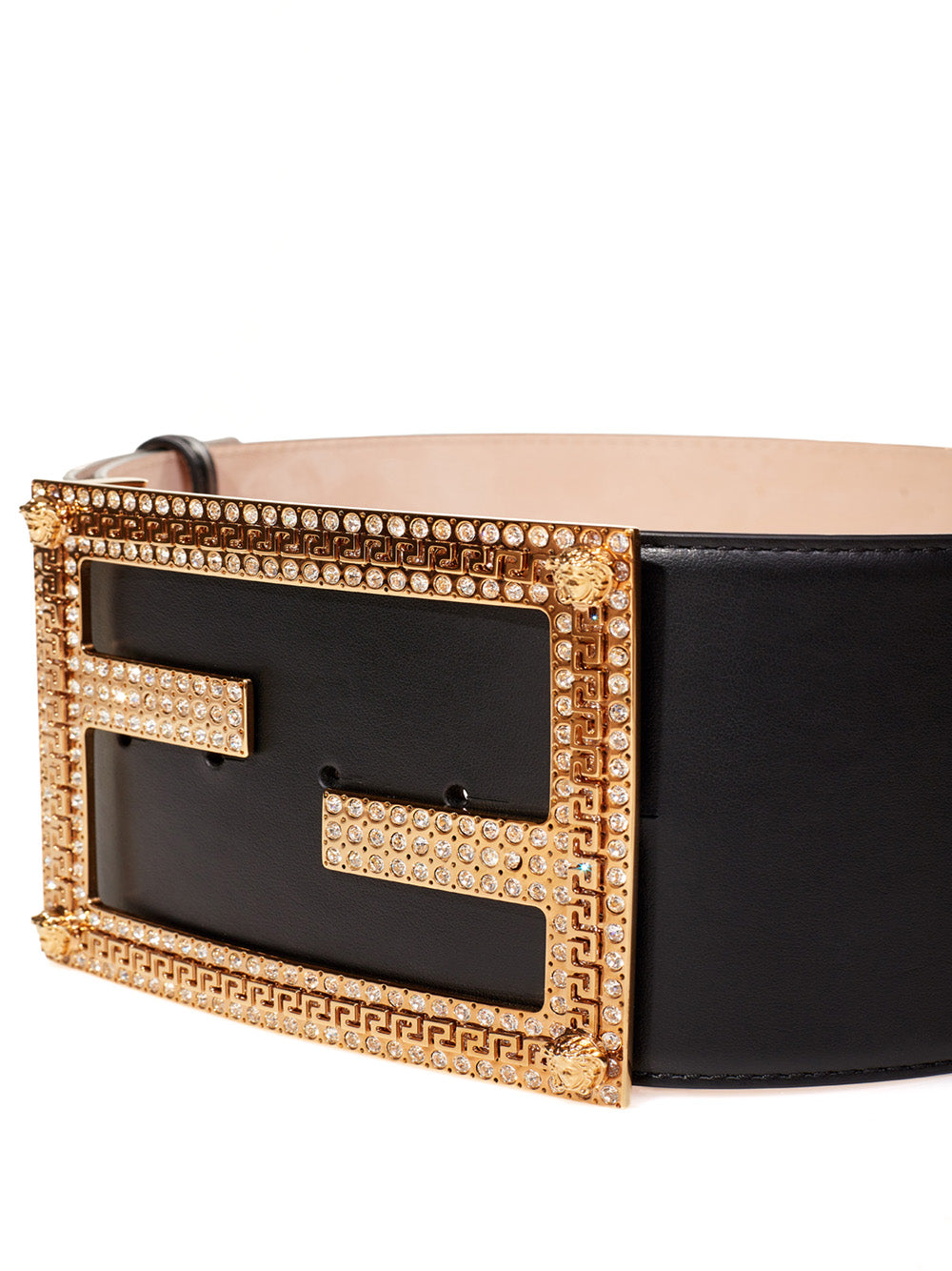 Fendace High Leather Black Logo Belt with Crystals - DEA STILOSA MILANO
