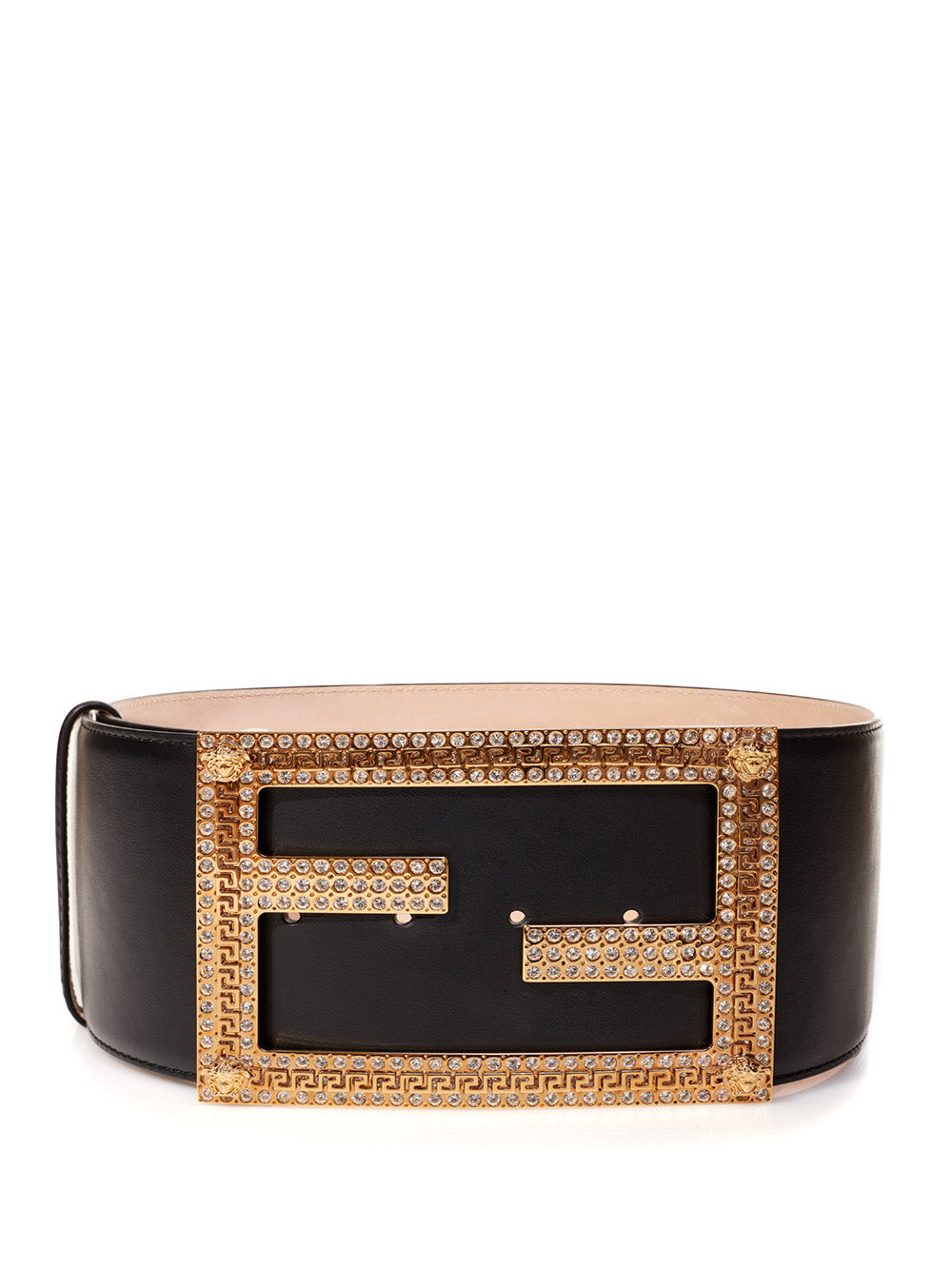 Fendace High Leather Black Logo Belt with Crystals - DEA STILOSA MILANO