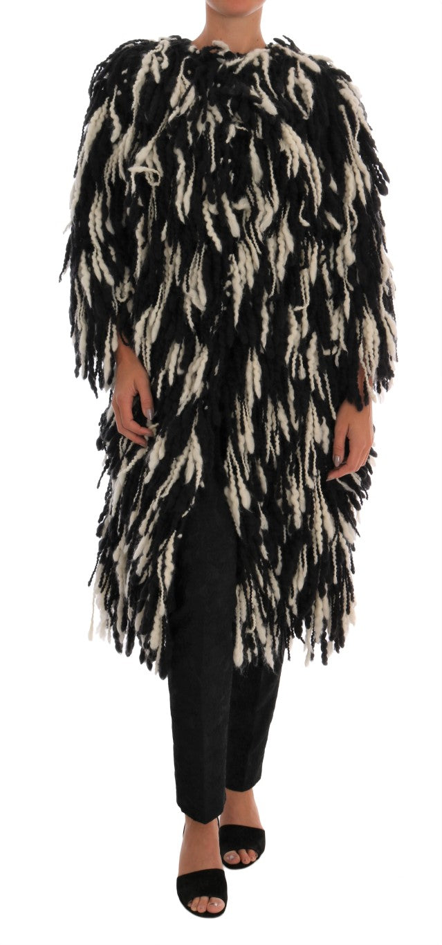 Dolce & Gabbana Black and White Fringed Wool Coat Jacket - DEA STILOSA MILANO