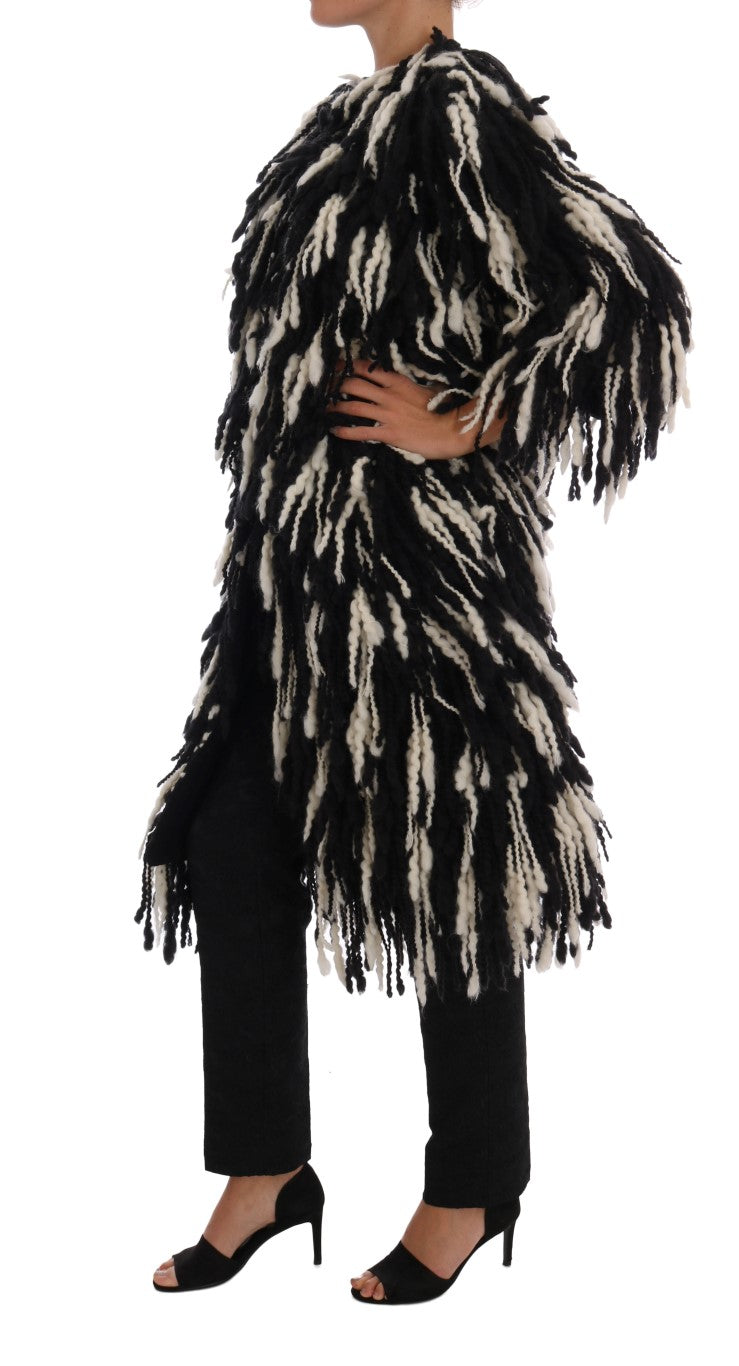 Dolce & Gabbana Black and White Fringed Wool Coat Jacket - DEA STILOSA MILANO