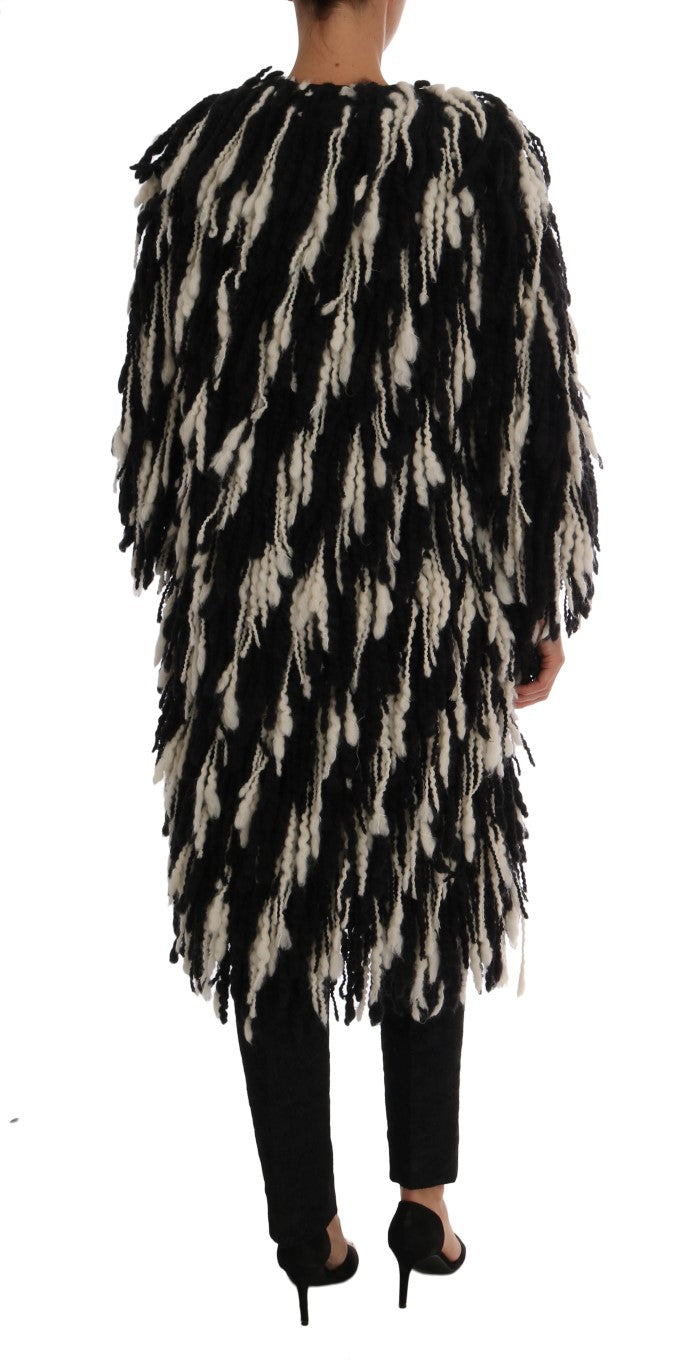 Dolce & Gabbana Black and White Fringed Wool Coat Jacket - DEA STILOSA MILANO