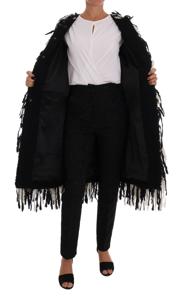 Dolce & Gabbana Black and White Fringed Wool Coat Jacket - DEA STILOSA MILANO