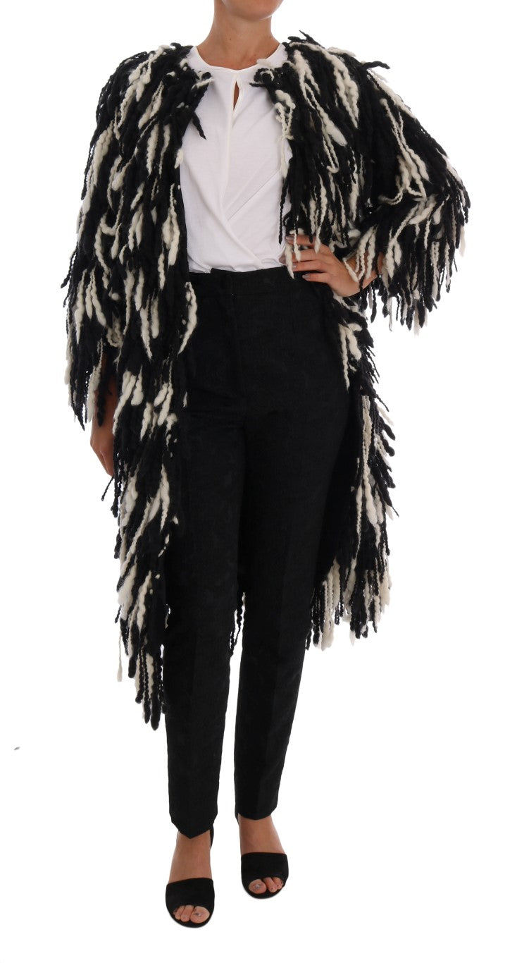 Dolce & Gabbana Black and White Fringed Wool Coat Jacket - DEA STILOSA MILANO