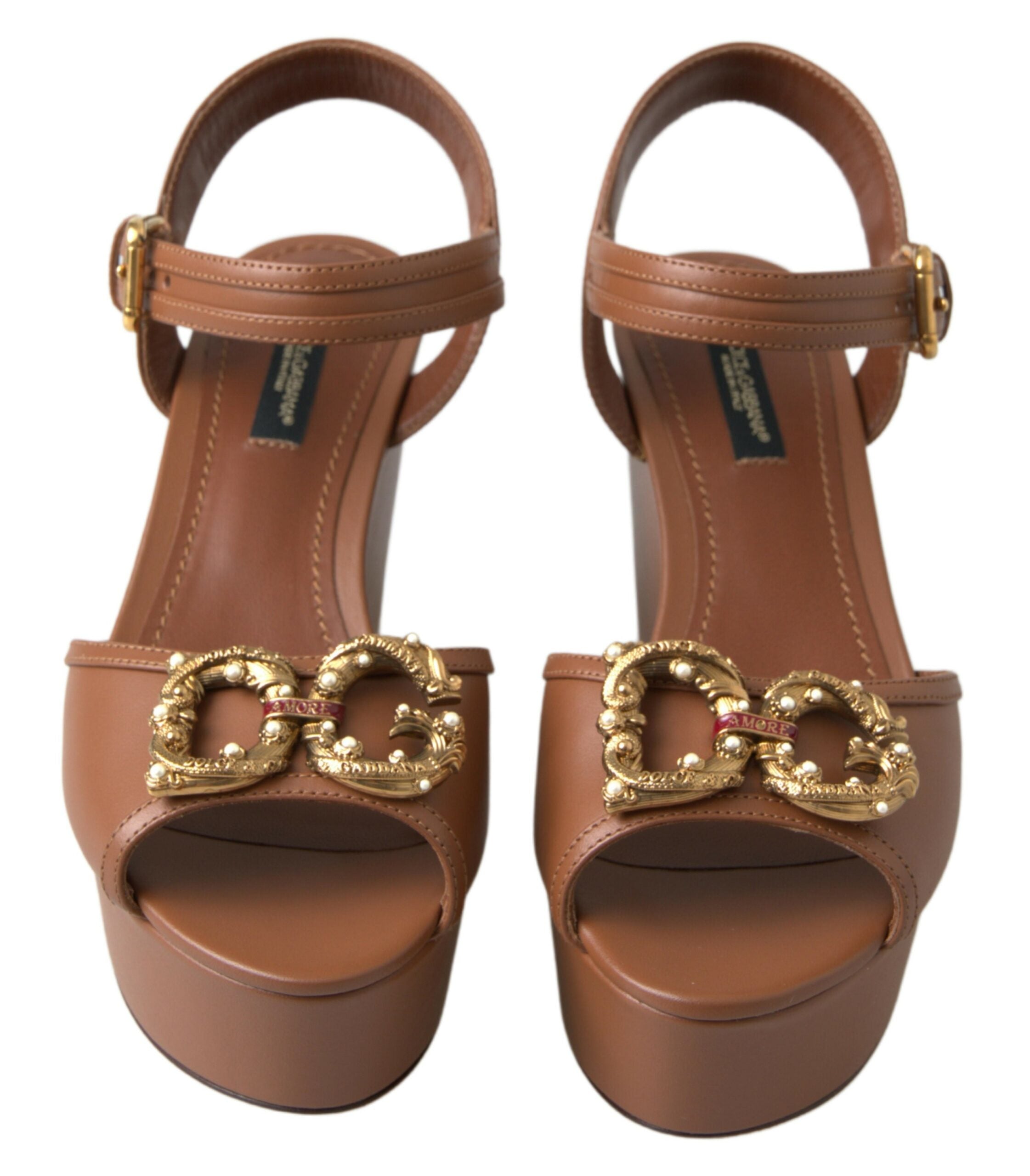 Dolce & Gabbana Brown Leather AMORE Wedges Sandals Shoes - DEA STILOSA MILANO