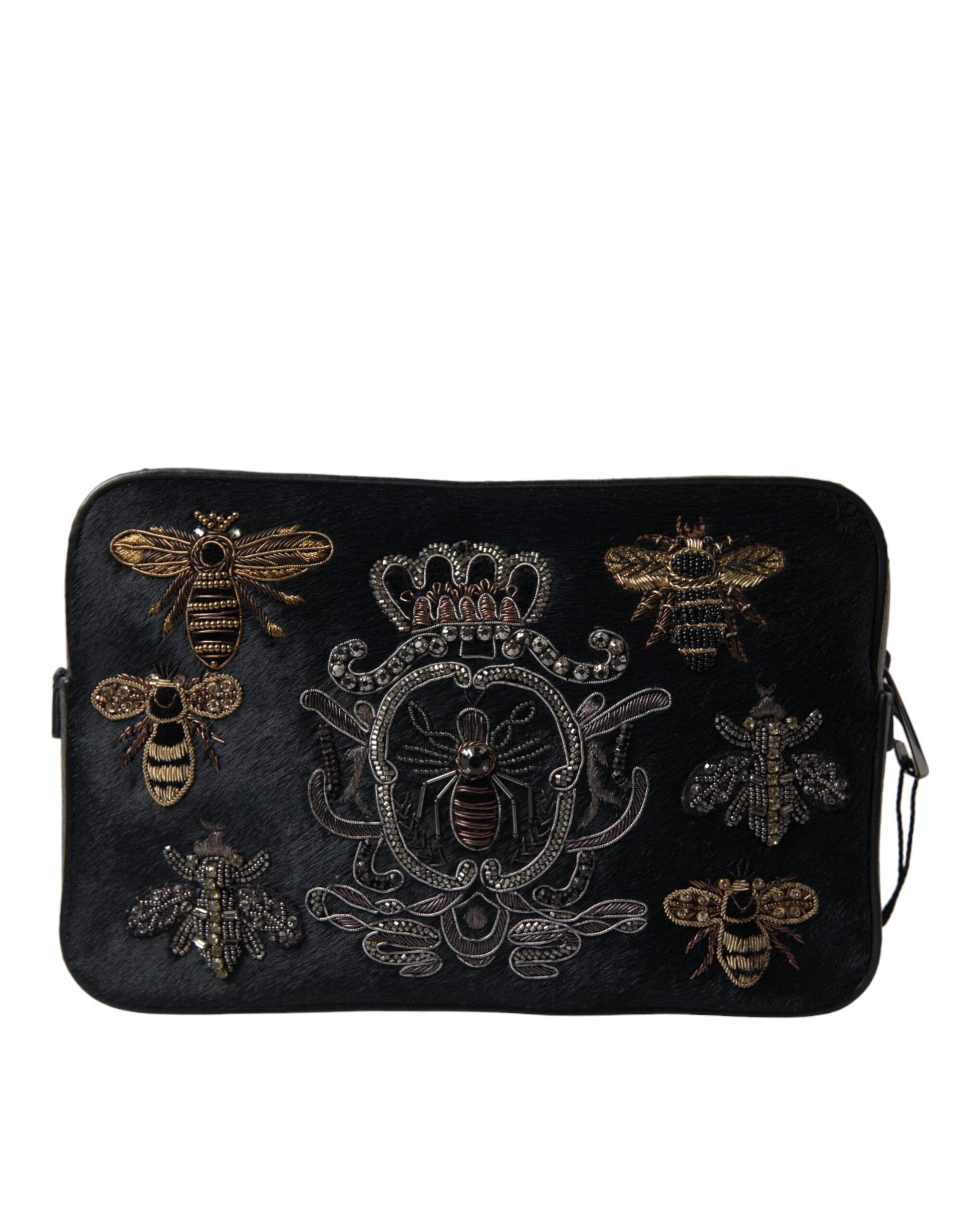 Dolce & Gabbana Black Calfskin Leather Bee Embellished Clutch Bag - DEA STILOSA MILANO