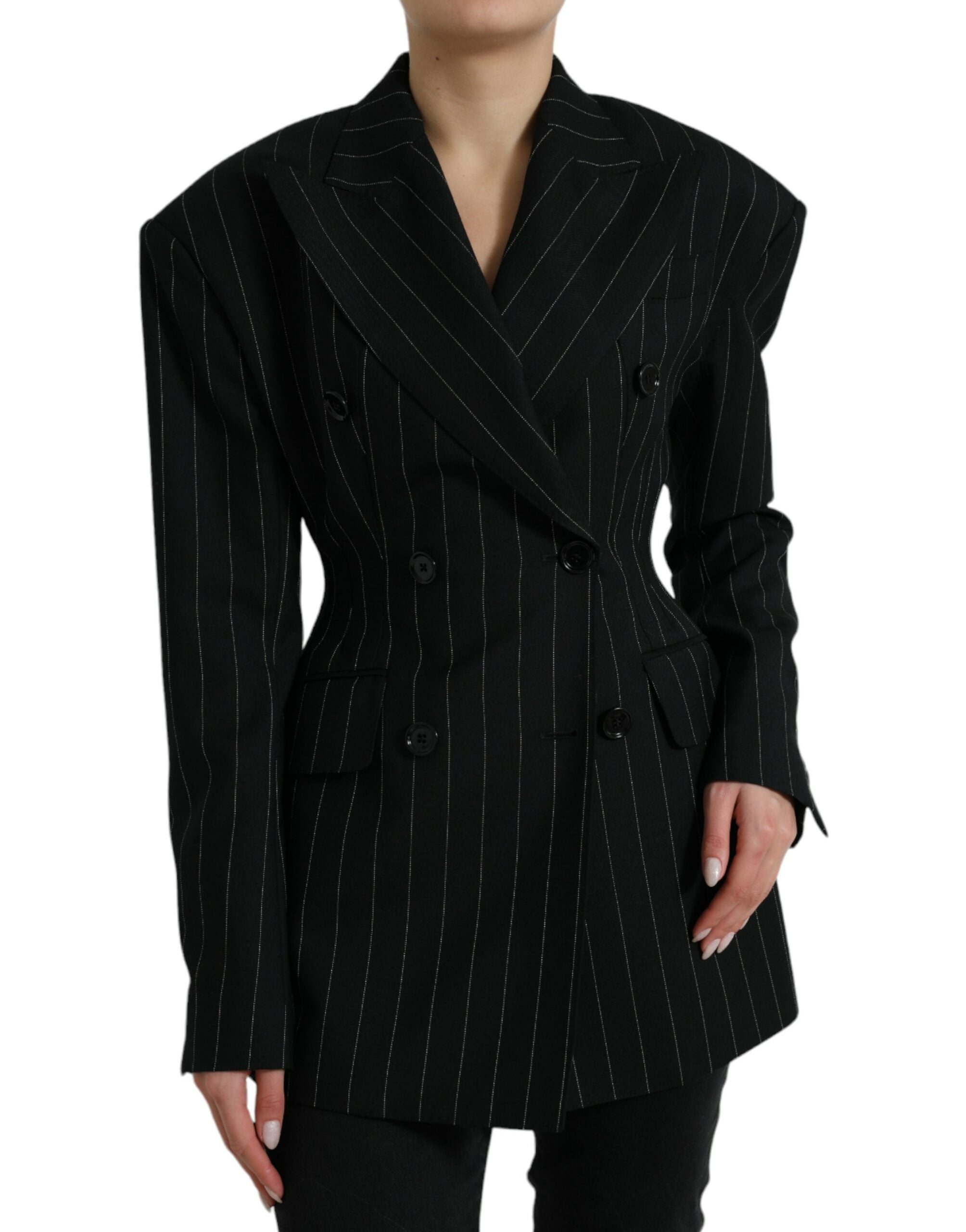 Dolce & Gabbana Black Striped Wool DoubleBreasted Coat Jacket - DEA STILOSA MILANO