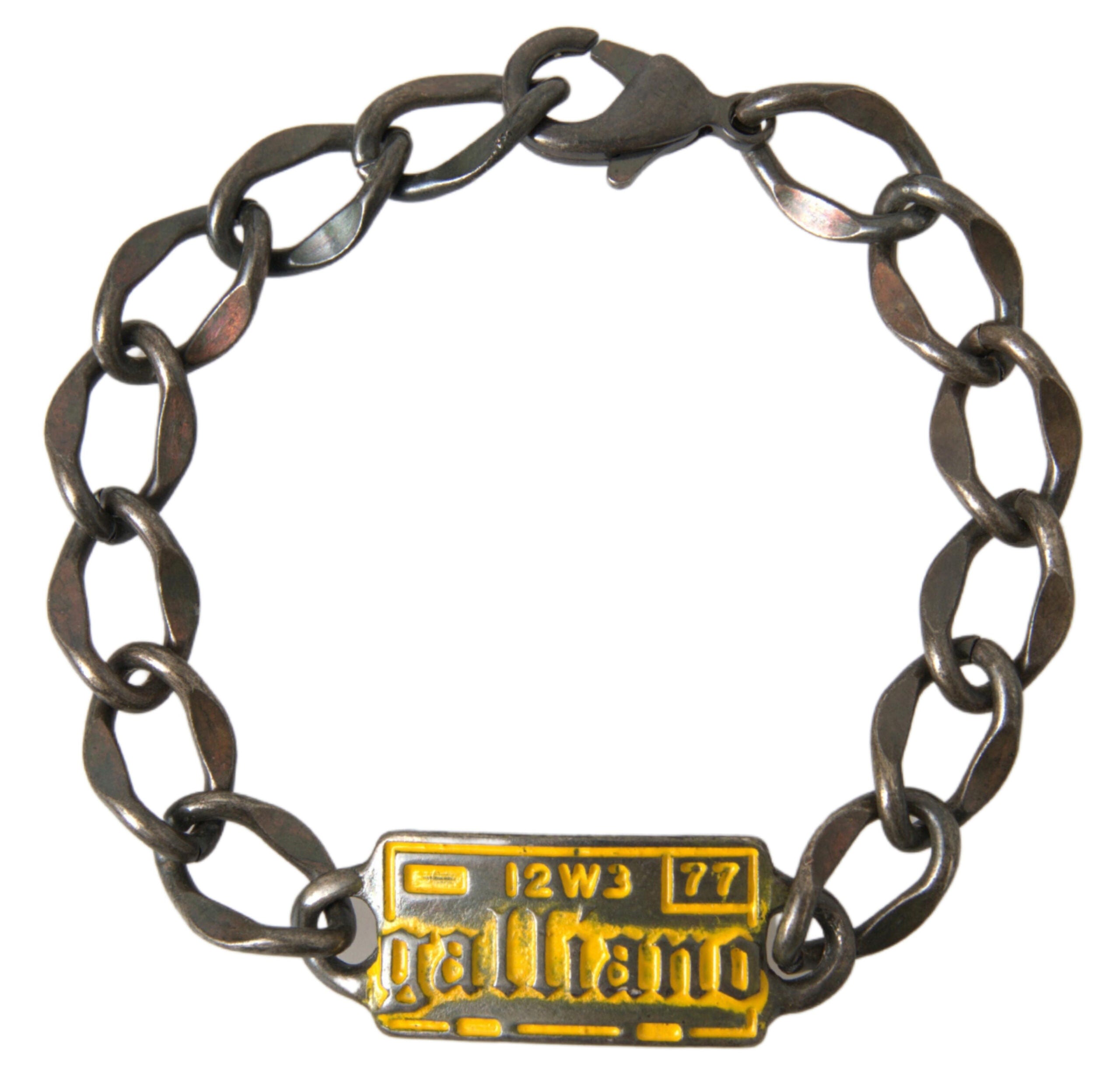John Galliano Silver Tone Brass Chain Logo Plaque Branded Antique Bracelet - DEA STILOSA MILANO