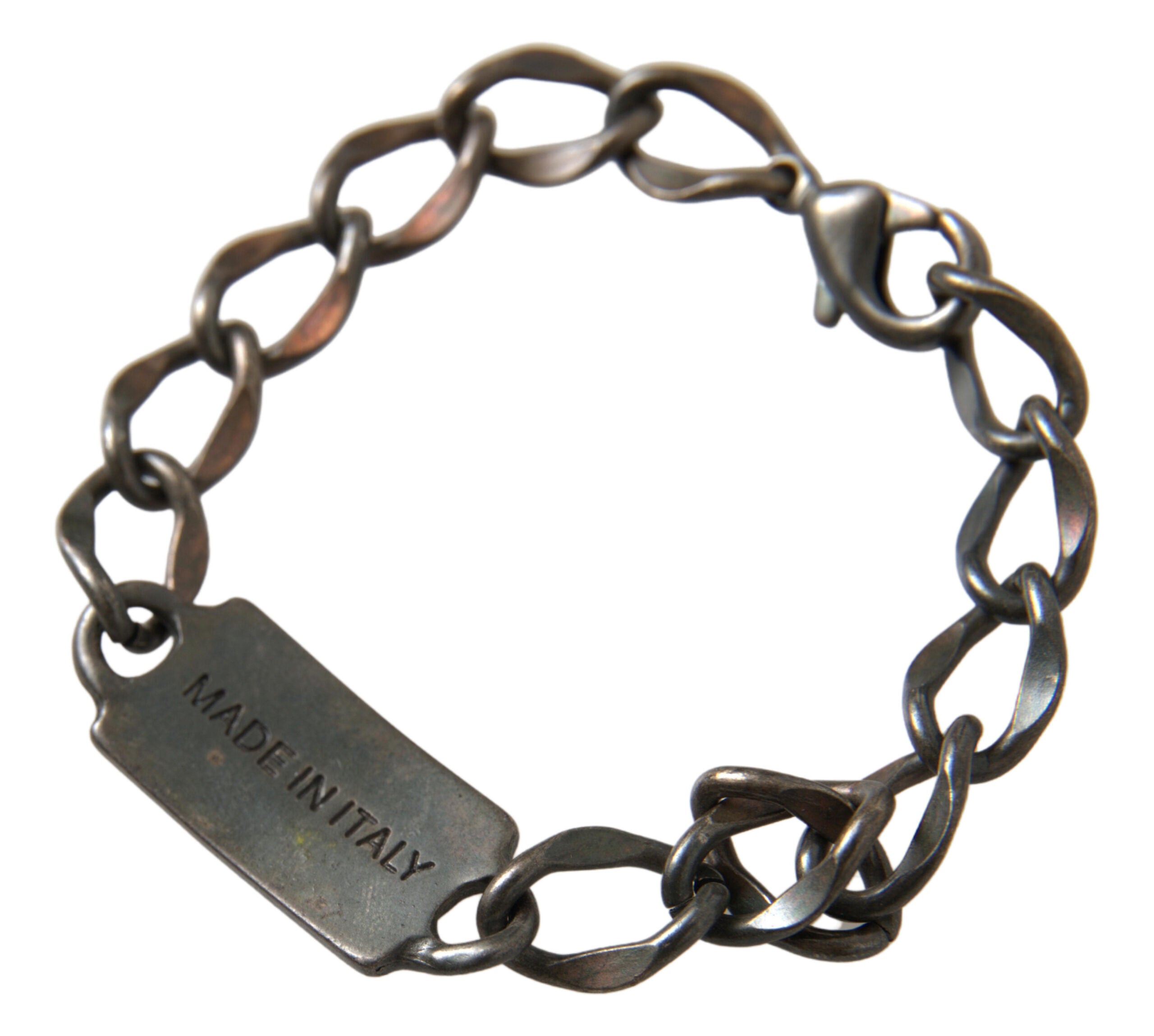 John Galliano Silver Tone Brass Chain Logo Plaque Branded Antique Bracelet - DEA STILOSA MILANO