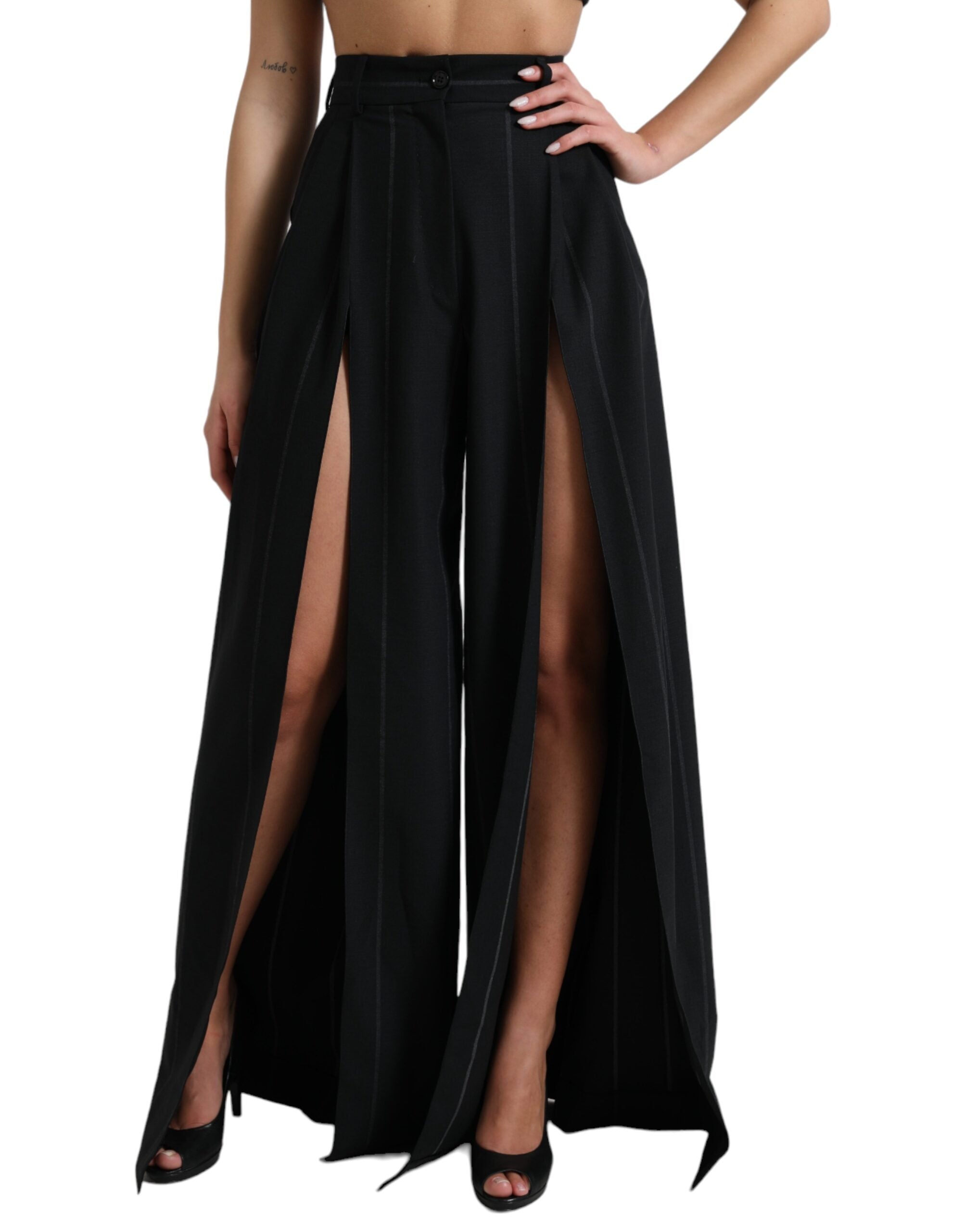 Dolce & Gabbana Black High Waist Front Slit Wide Leg Pants - DEA STILOSA MILANO