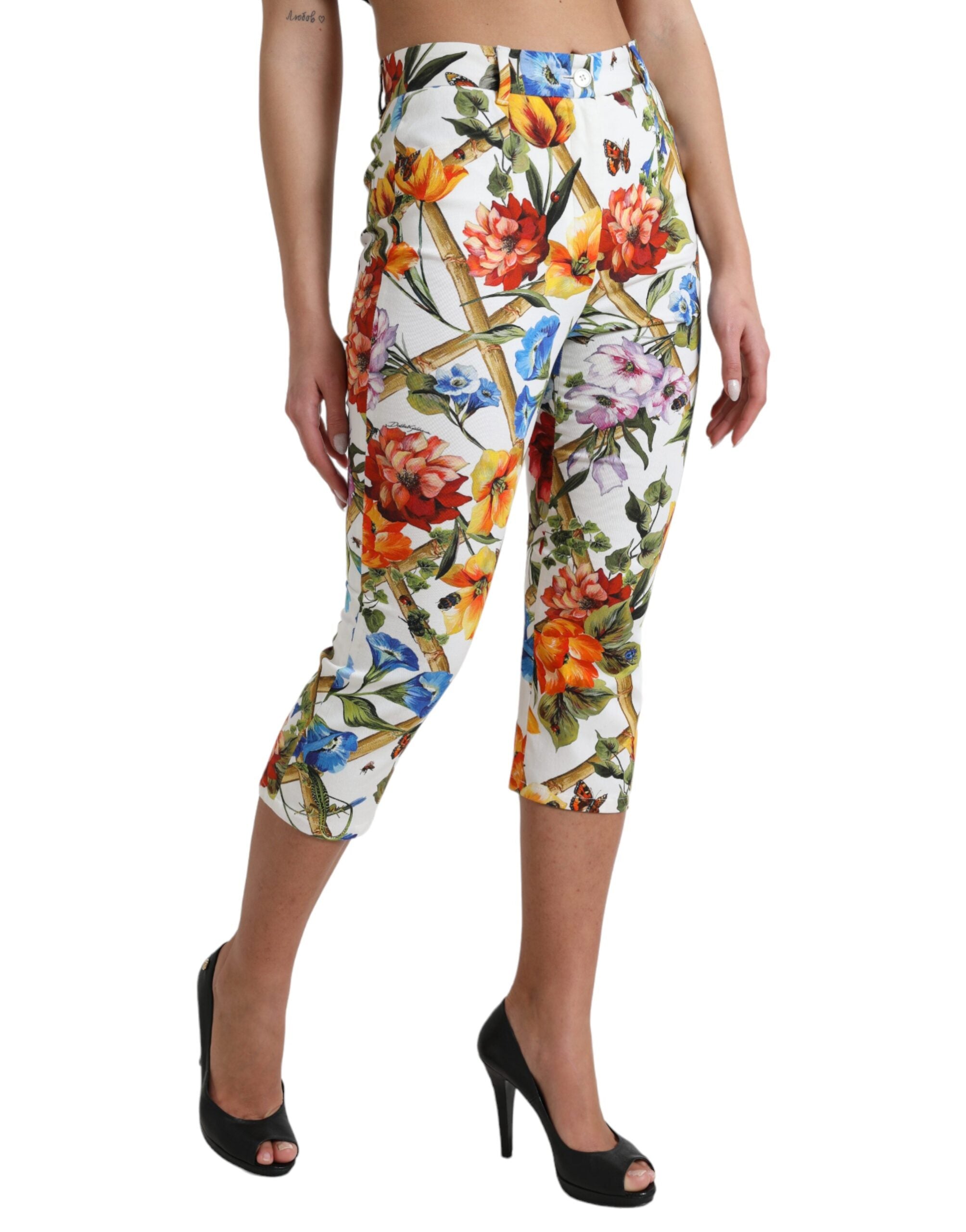 Dolce & Gabbana White Majolica Print High Waist Cropped Pants - DEA STILOSA MILANO
