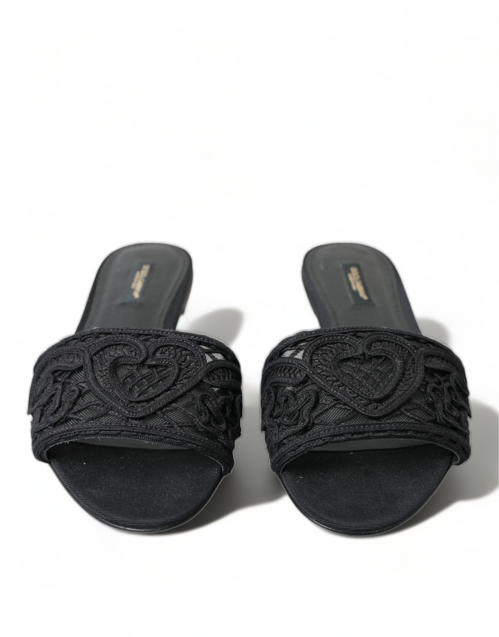 Dolce & Gabbana Black Cotton Heart Embroidery Sandals Shoes - DEA STILOSA MILANO