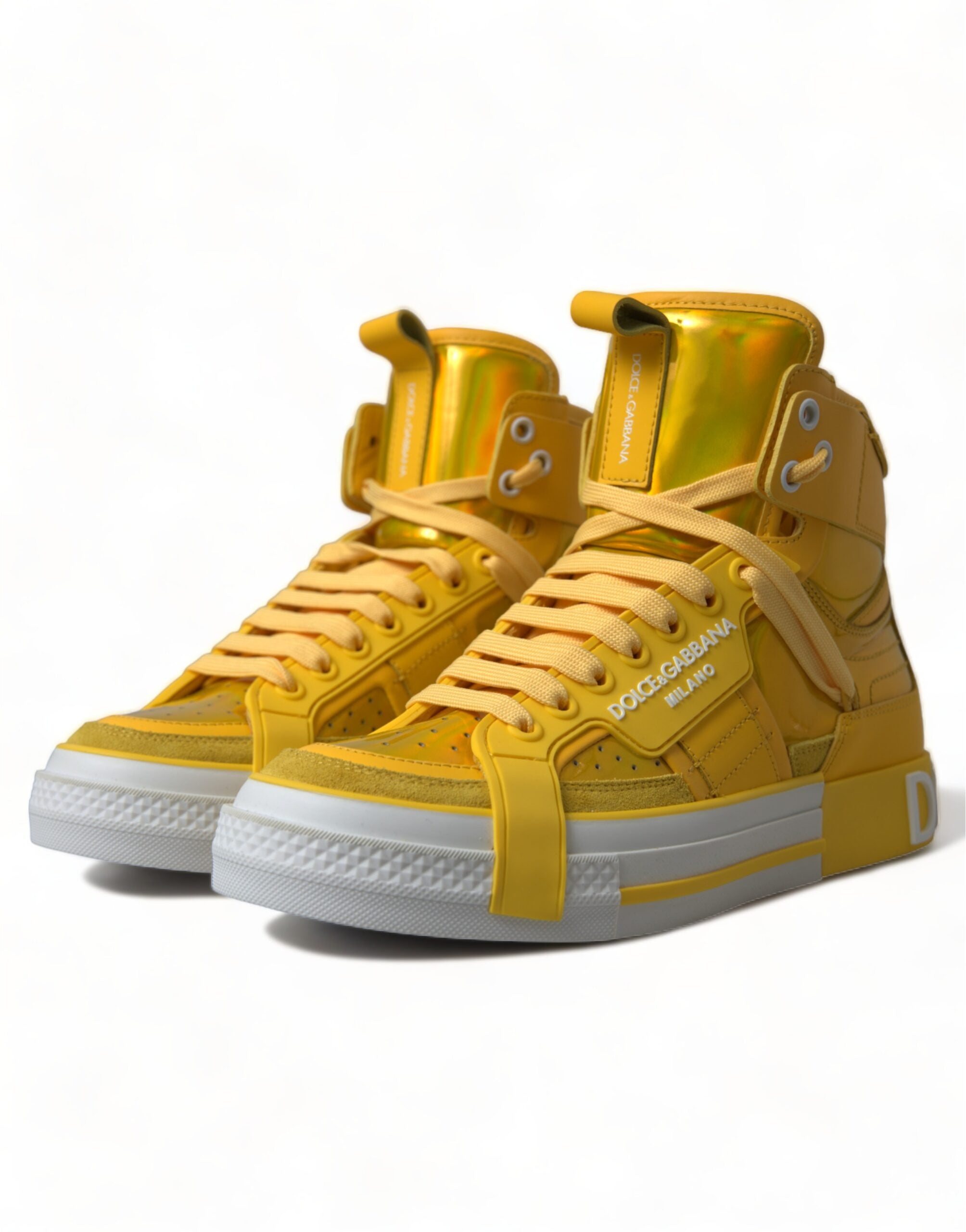 Dolce & Gabbana Yellow White Leather High Top Sneakers Shoes - DEA STILOSA MILANO