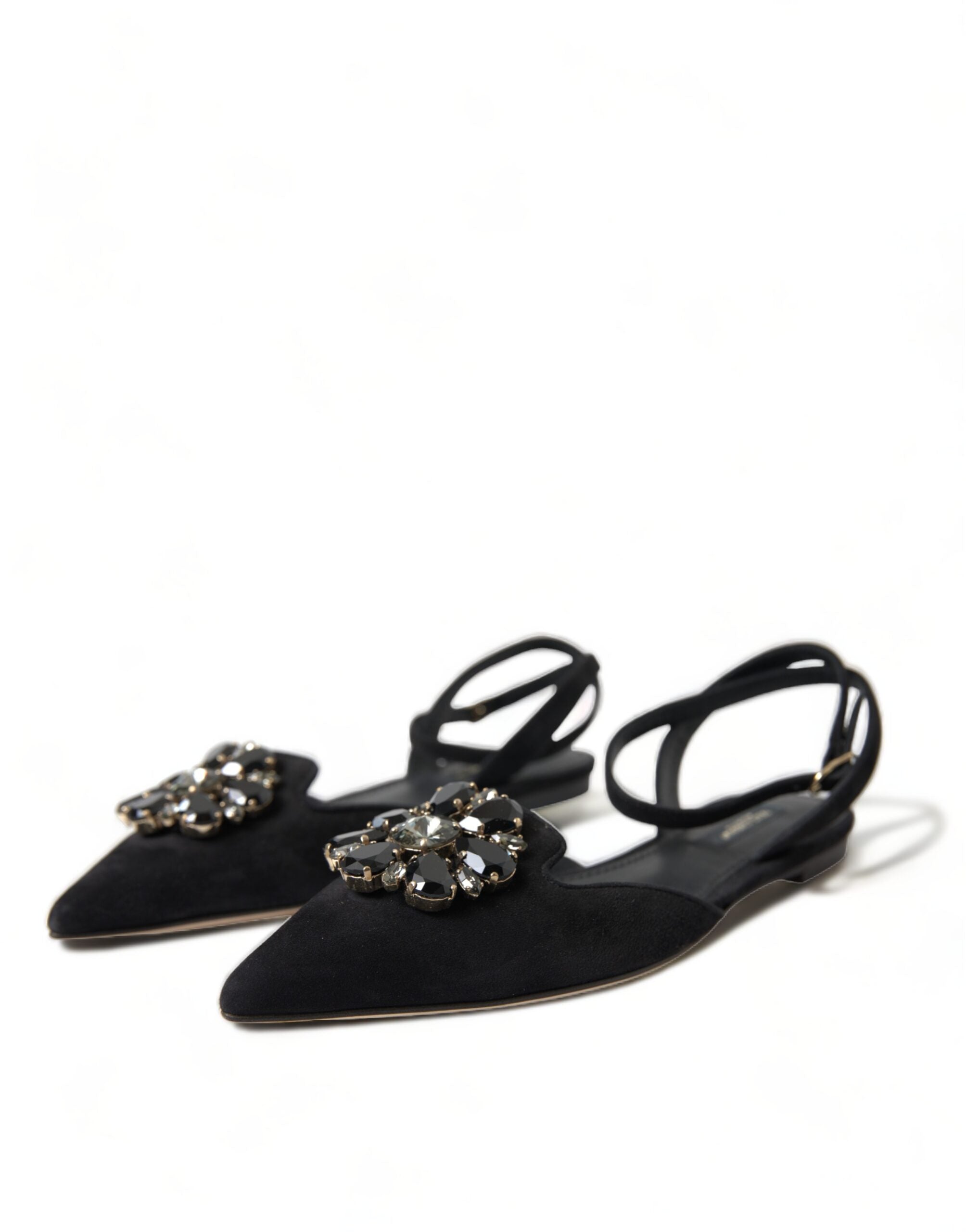 Dolce & Gabbana Black Leather Crystal Slingback Flats Shoes - DEA STILOSA MILANO