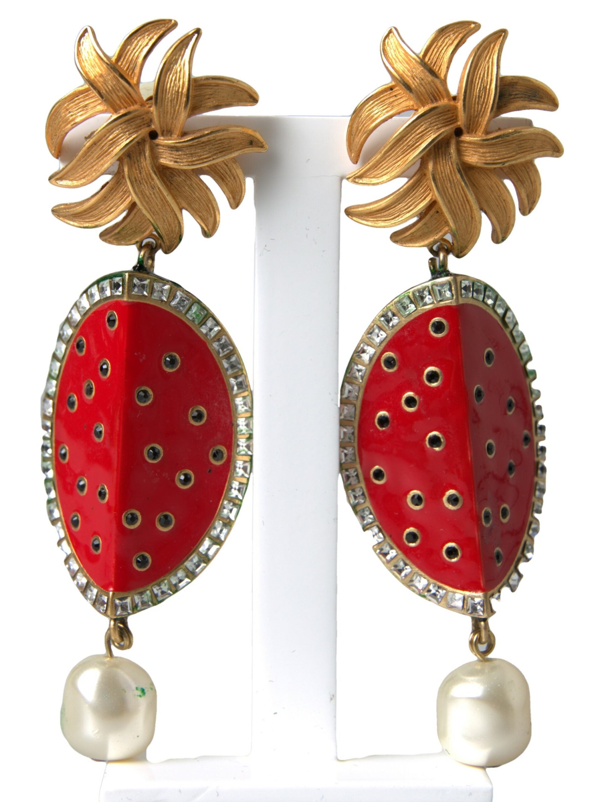 Dolce & Gabbana Red Watermelon Gold Brass Crystal Clip Dangling Earrings - DEA STILOSA MILANO