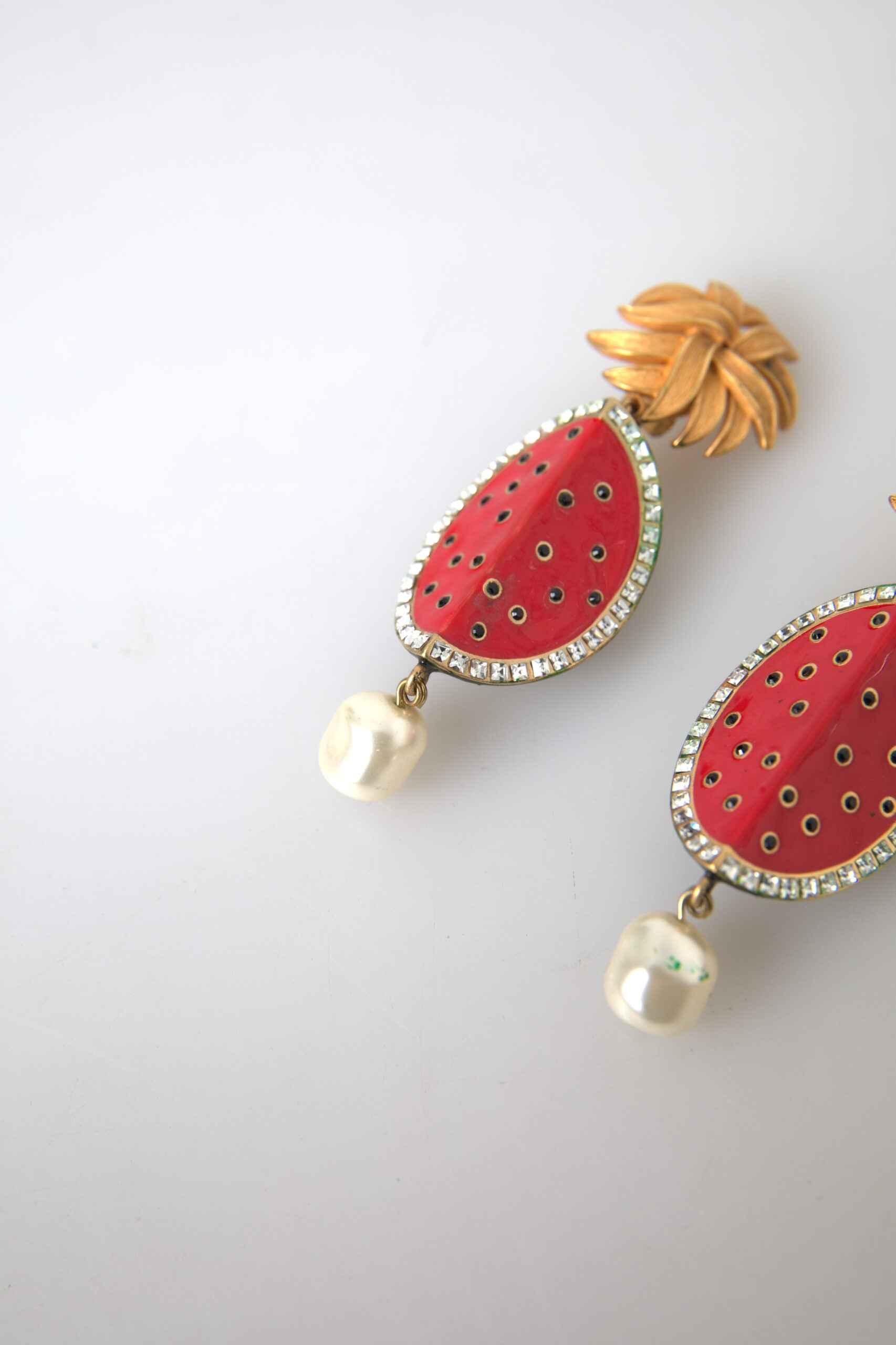 Dolce & Gabbana Red Watermelon Gold Brass Crystal Clip Dangling Earrings - DEA STILOSA MILANO