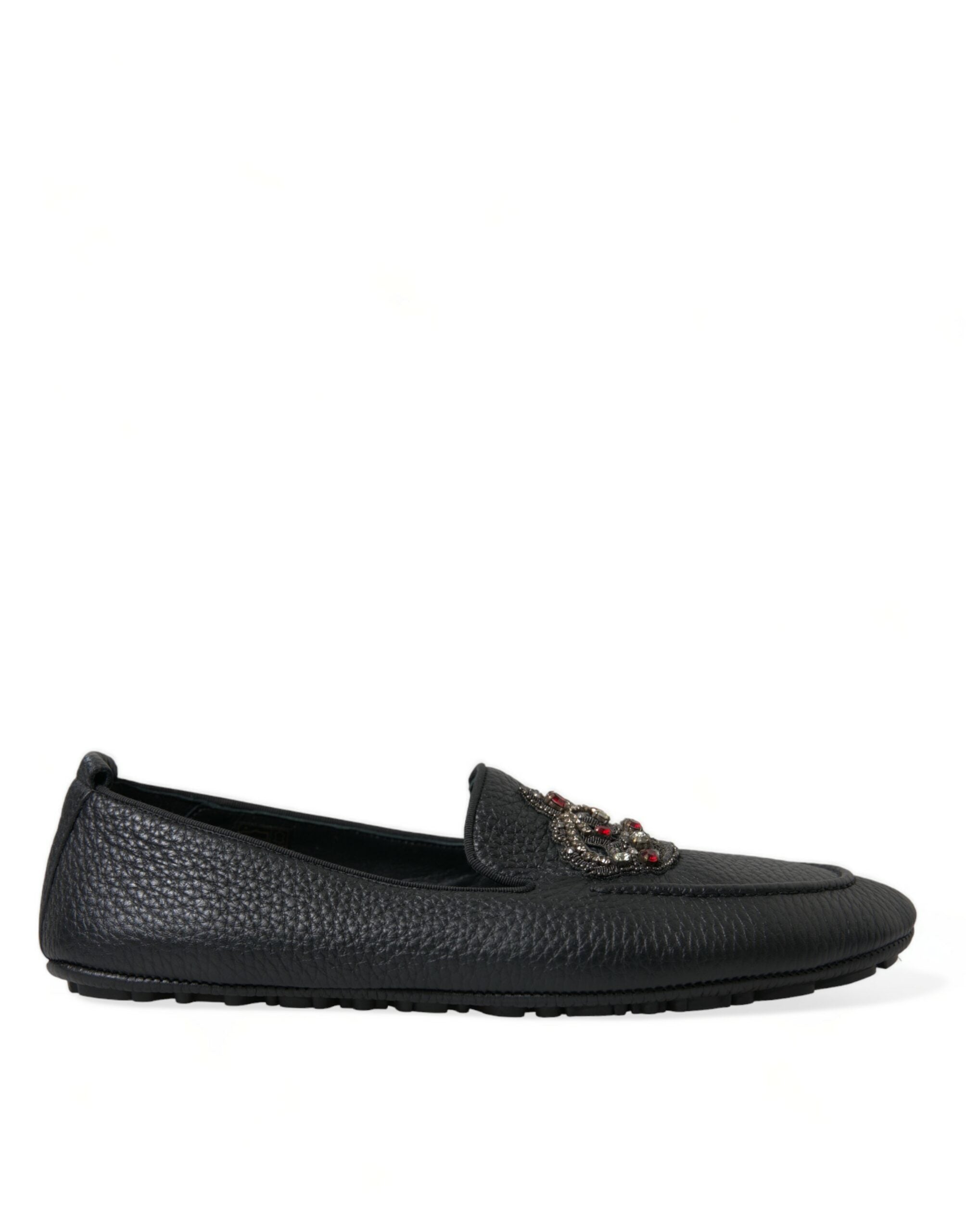 Dolce & Gabbana Black Leather Crystal Embellished Loafers Dress Shoes - DEA STILOSA MILANO