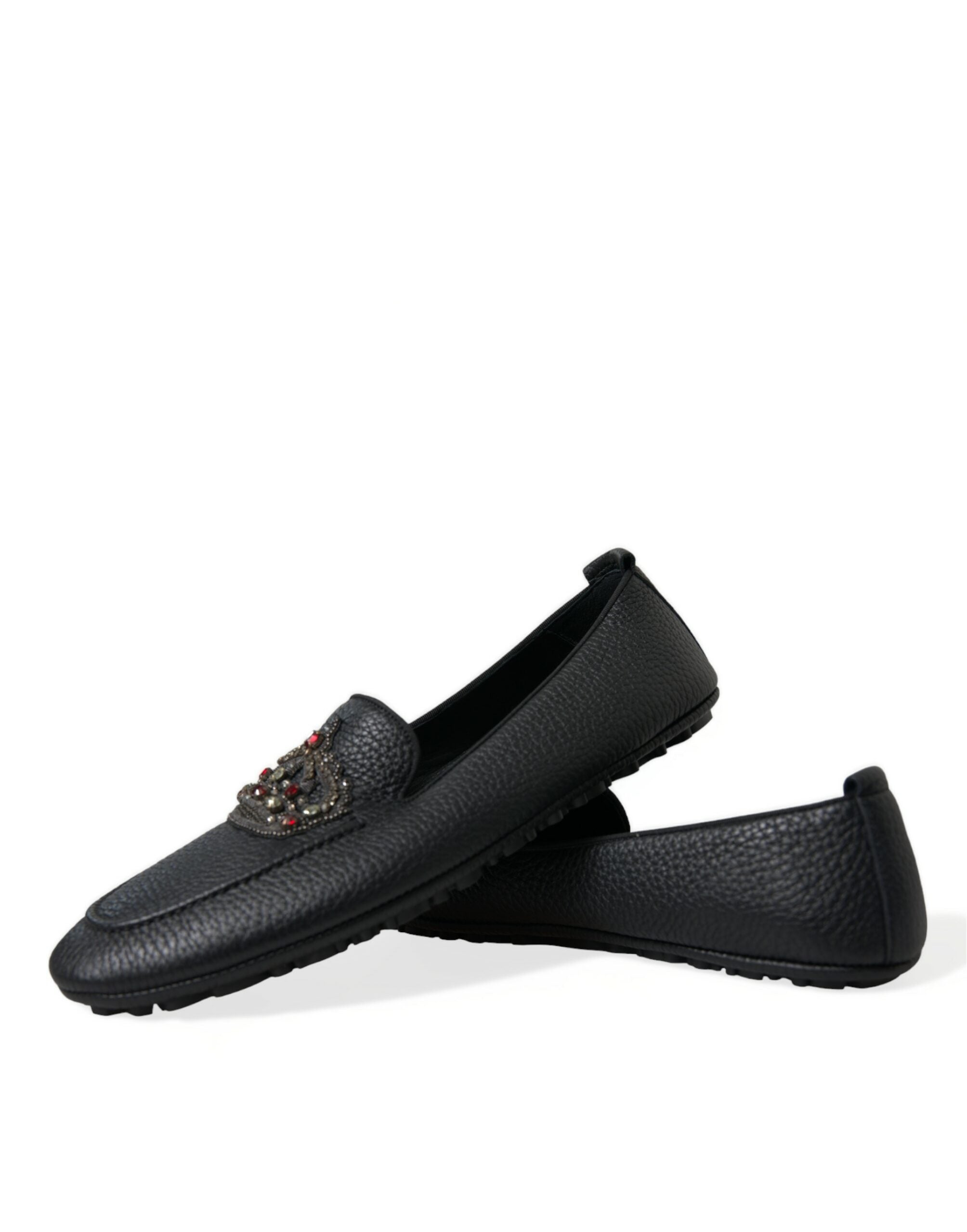Dolce & Gabbana Black Leather Crystal Embellished Loafers Dress Shoes - DEA STILOSA MILANO