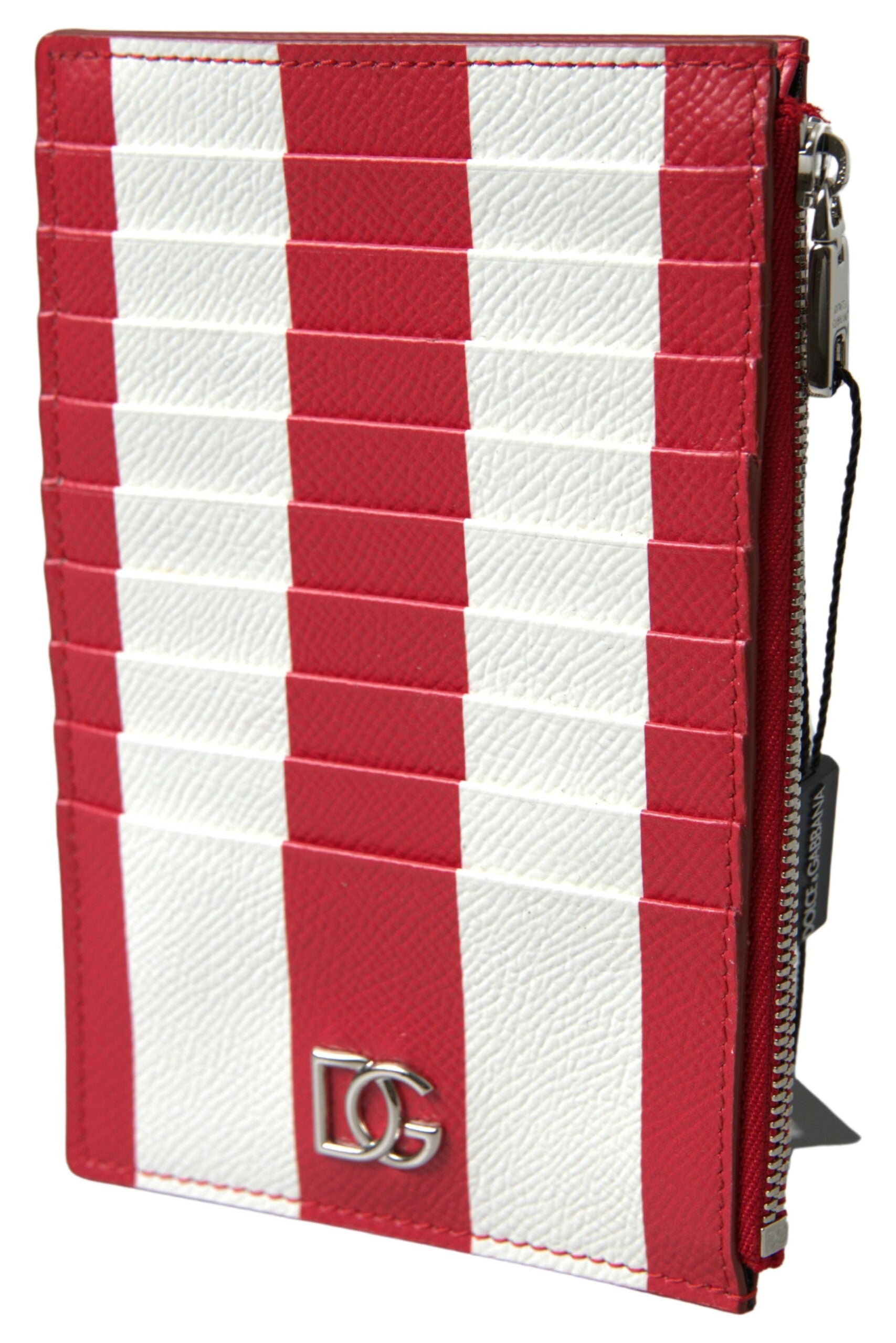 Dolce & Gabbana Red White Leather DG Logo Zip Card Holder Wallet - DEA STILOSA MILANO