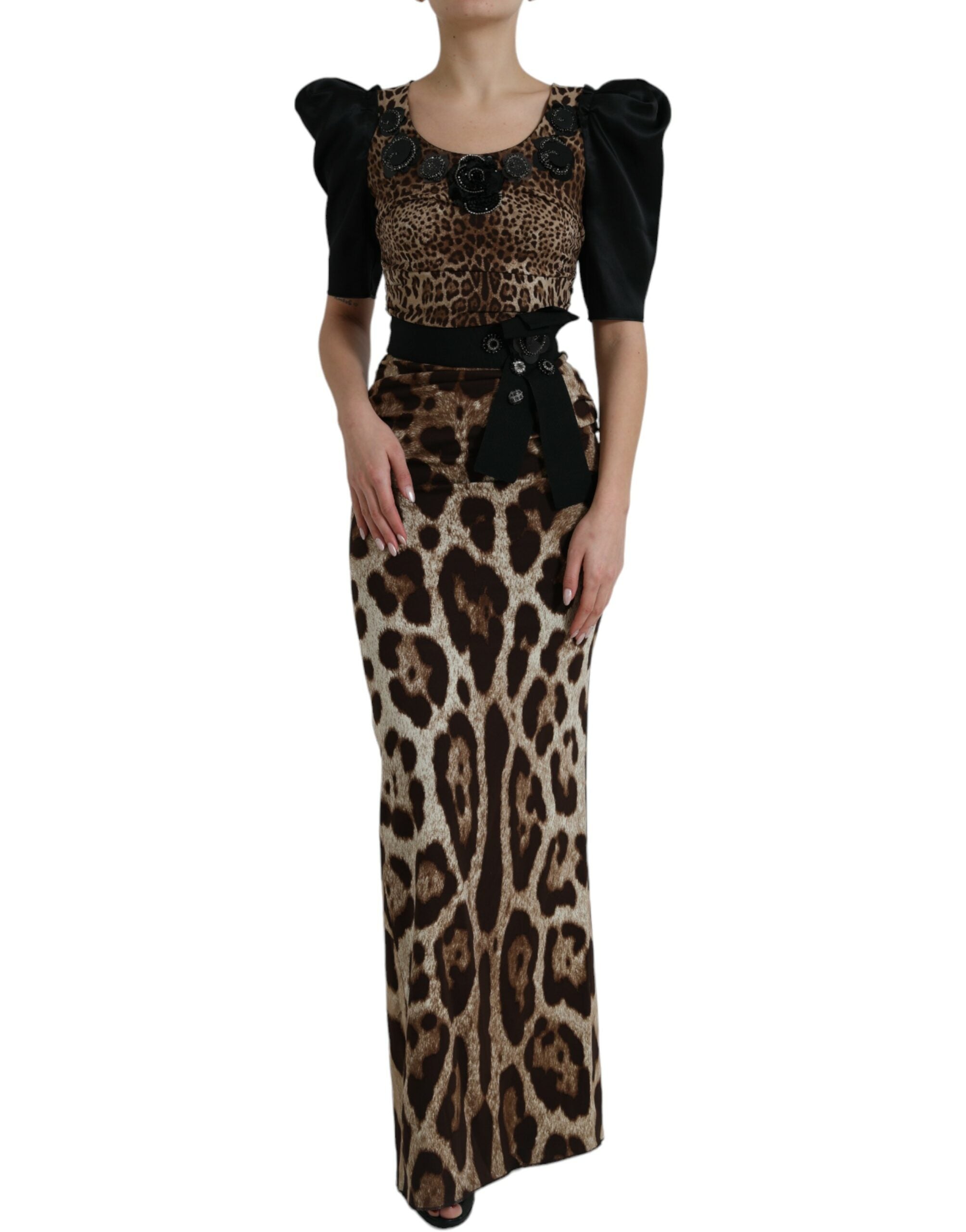Dolce & Gabbana Black Brown Leopard Embellished Sheath Gown Dress - DEA STILOSA MILANO