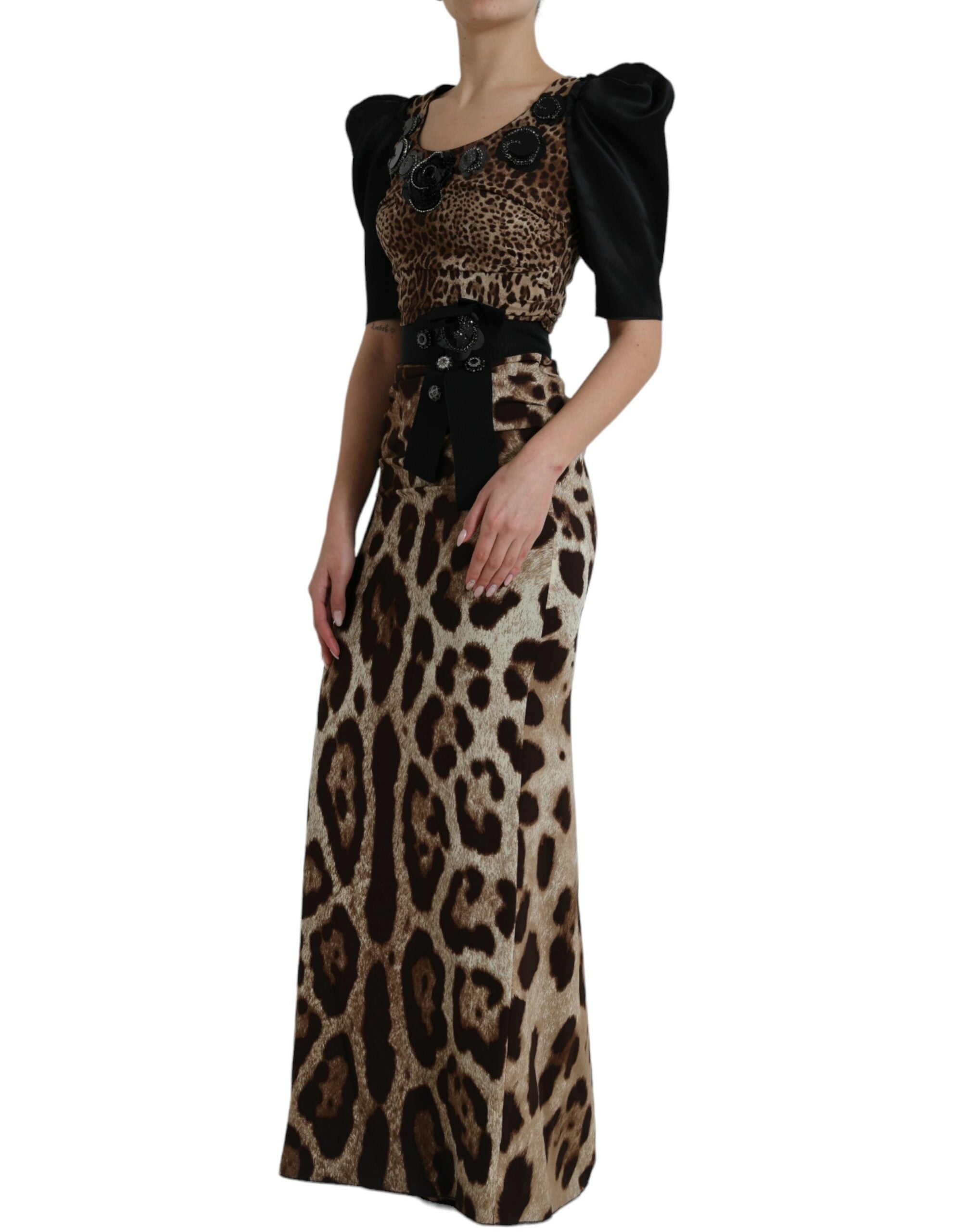 Dolce & Gabbana Black Brown Leopard Embellished Sheath Gown Dress - DEA STILOSA MILANO