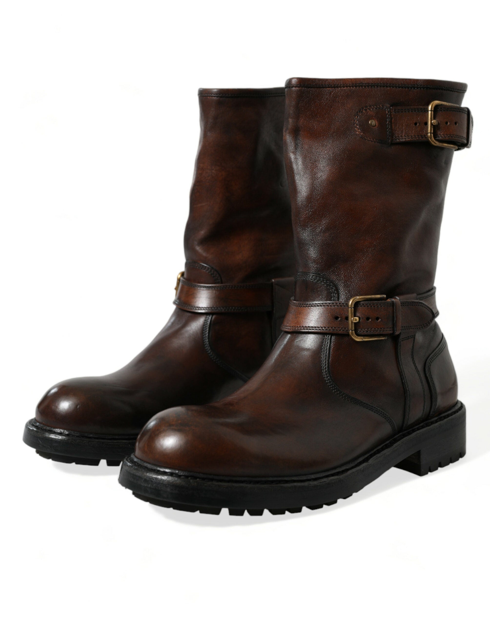 Dolce & Gabbana Brown Leather Mid Calf Biker Boots Shoes - DEA STILOSA MILANO