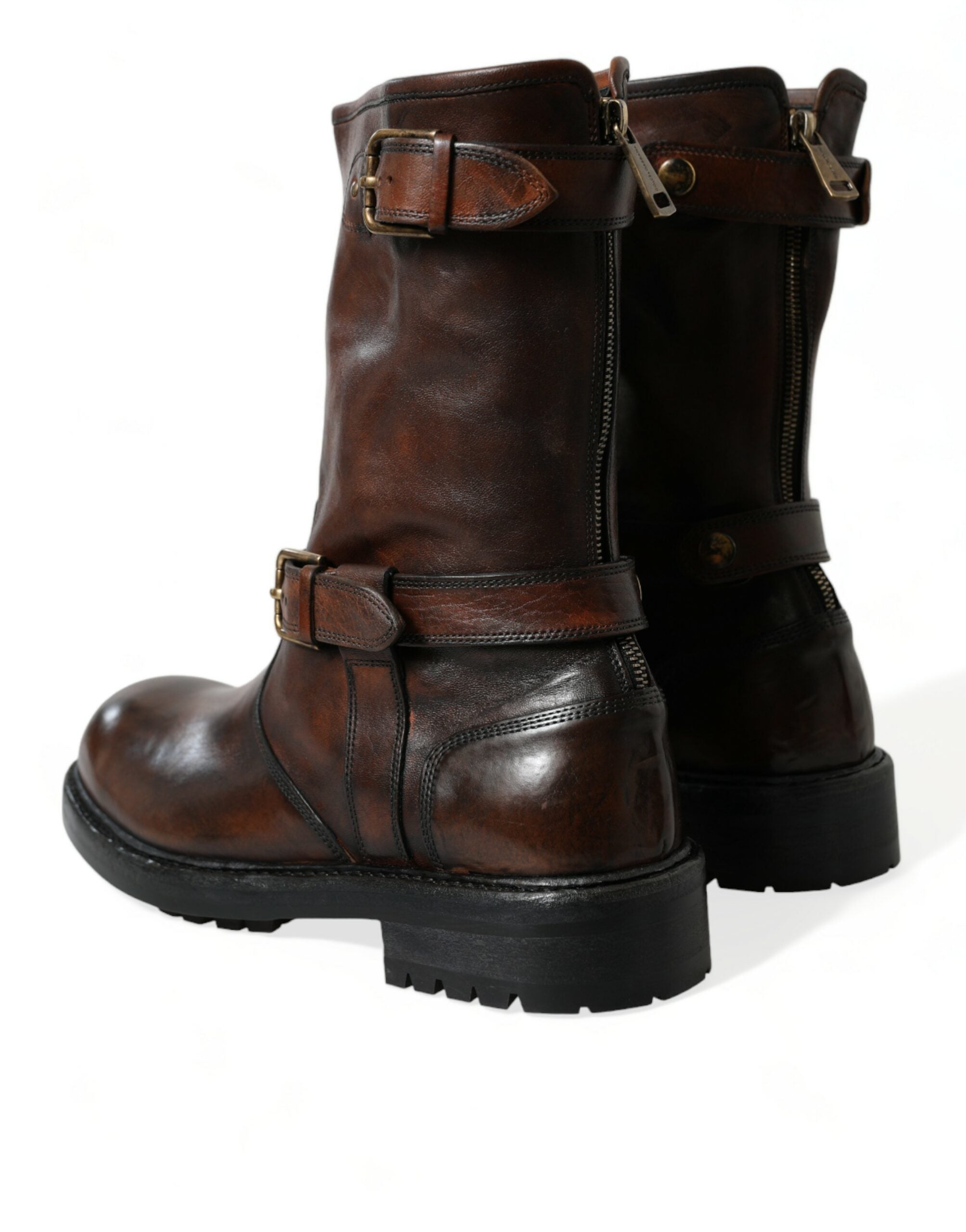 Dolce & Gabbana Brown Leather Mid Calf Biker Boots Shoes - DEA STILOSA MILANO