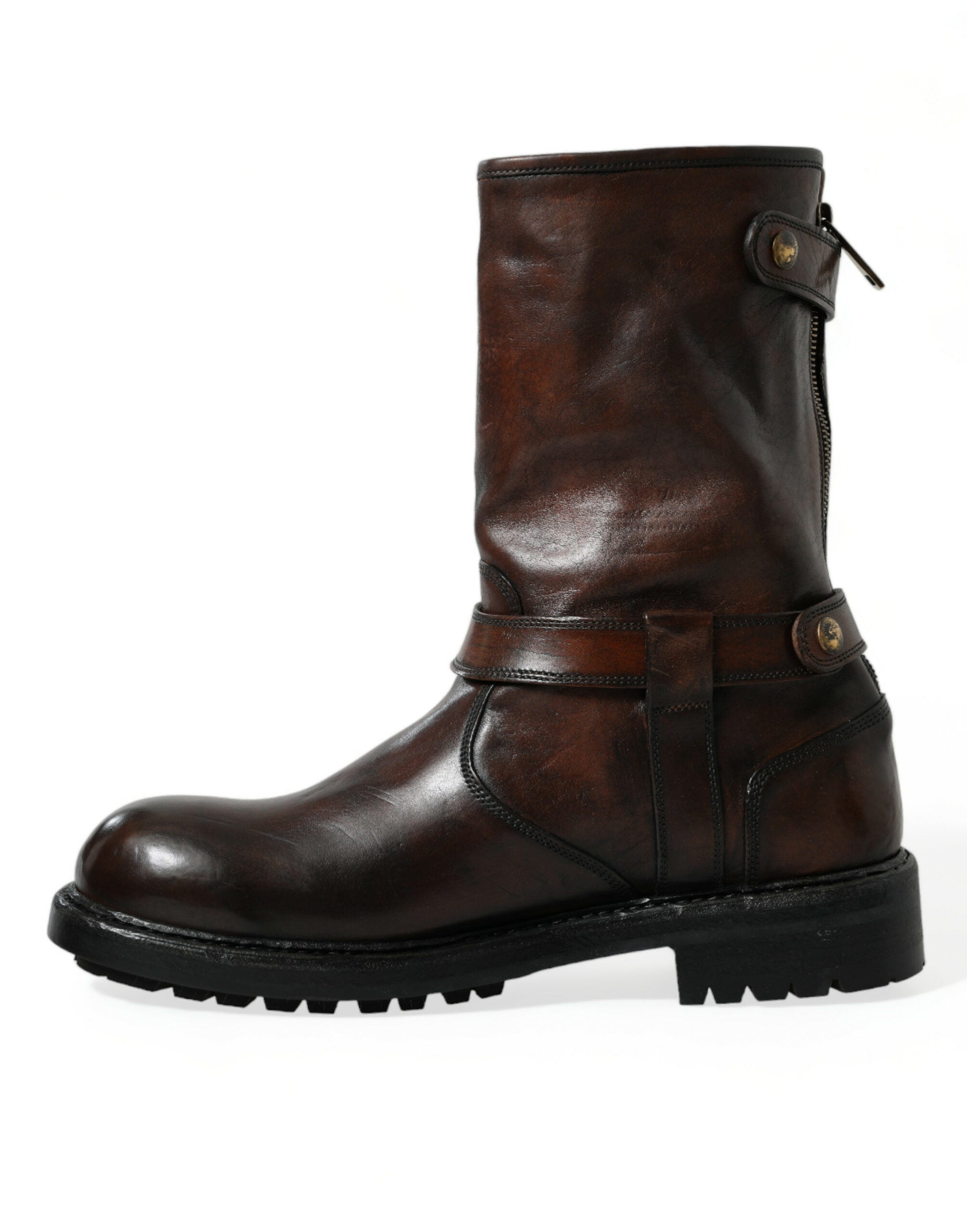 Dolce & Gabbana Brown Leather Mid Calf Biker Boots Shoes - DEA STILOSA MILANO