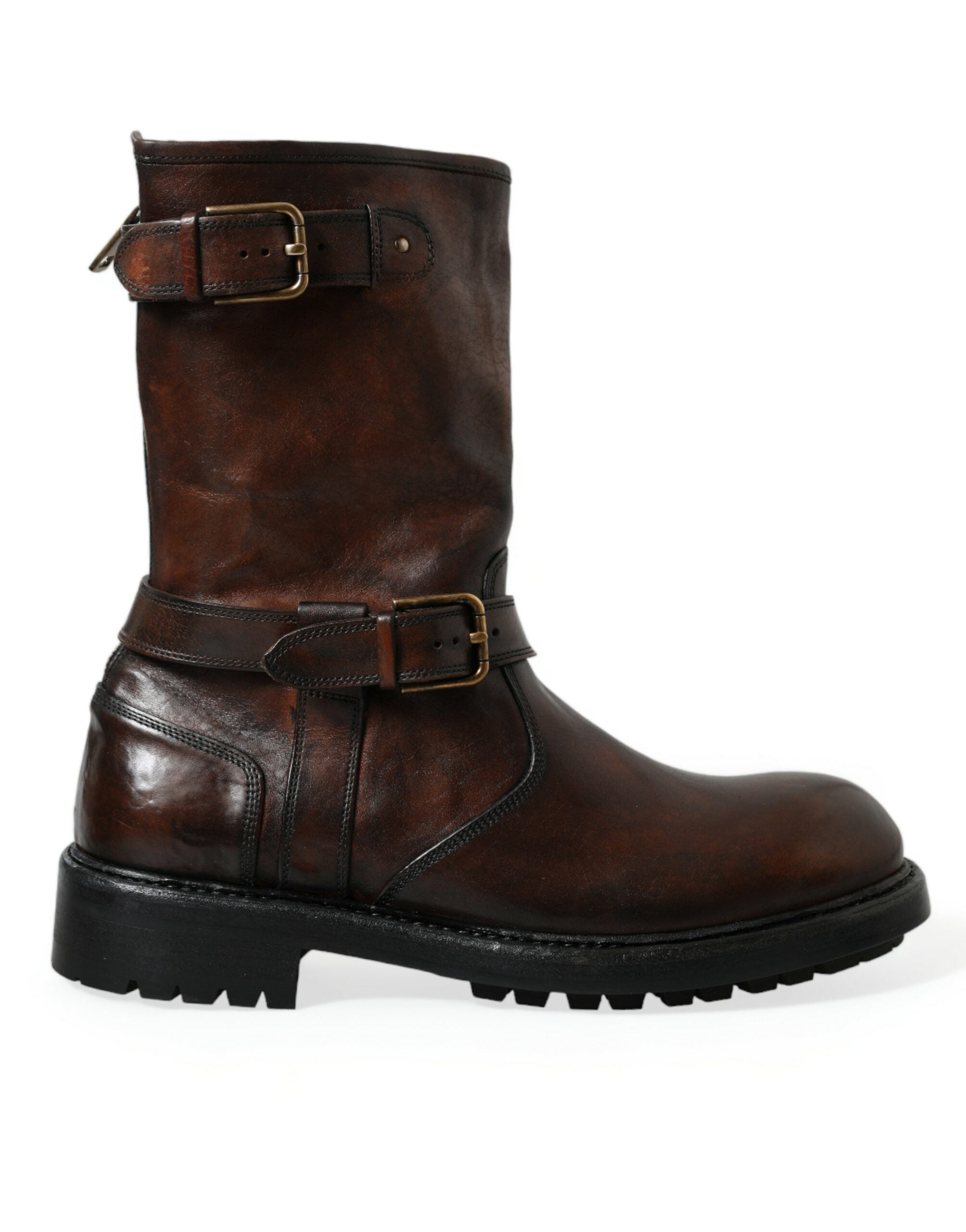 Dolce & Gabbana Brown Leather Mid Calf Biker Boots Shoes - DEA STILOSA MILANO