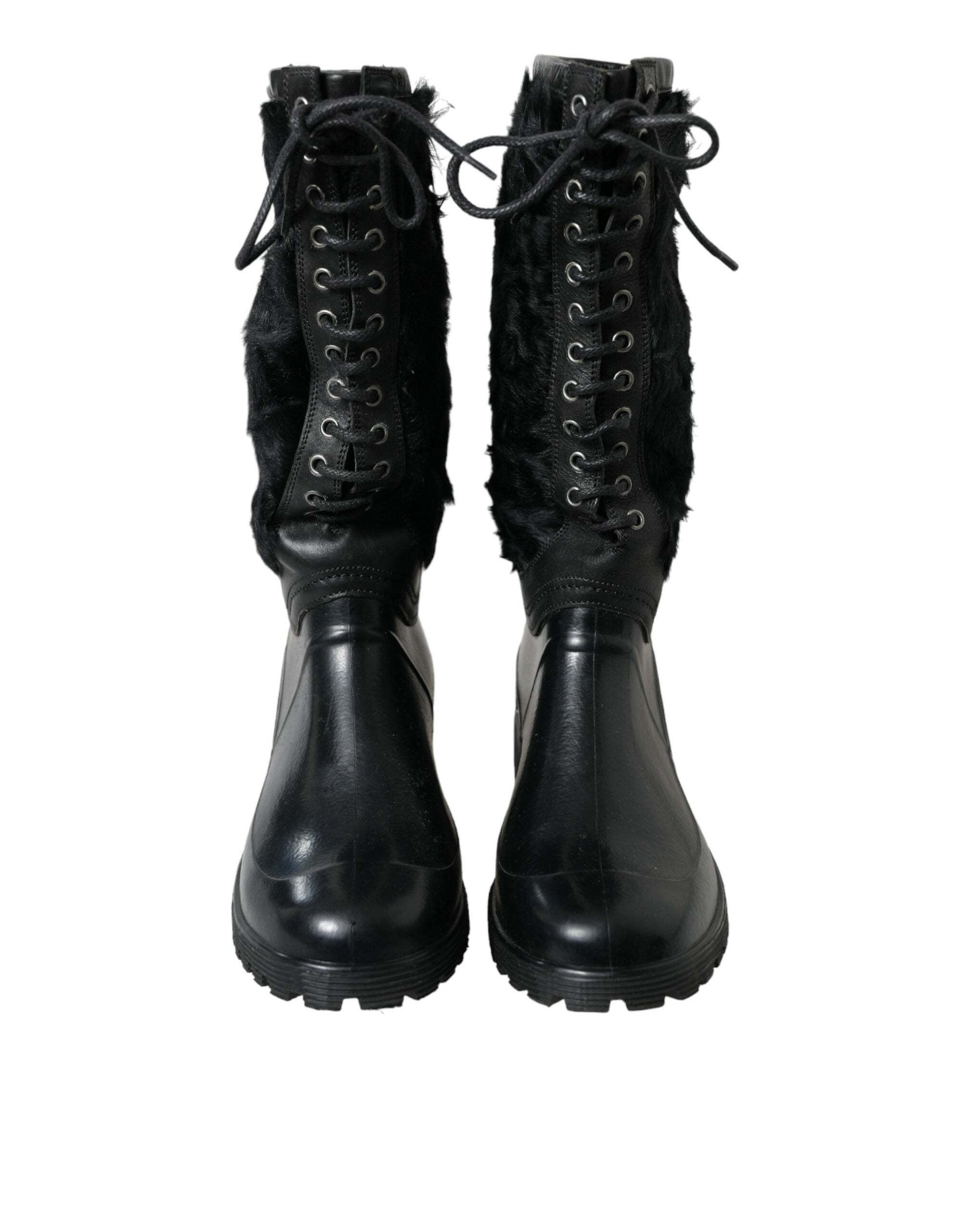 Dolce & Gabbana Black Rubber Lace Up Shearling Rain Boots Shoes - DEA STILOSA MILANO