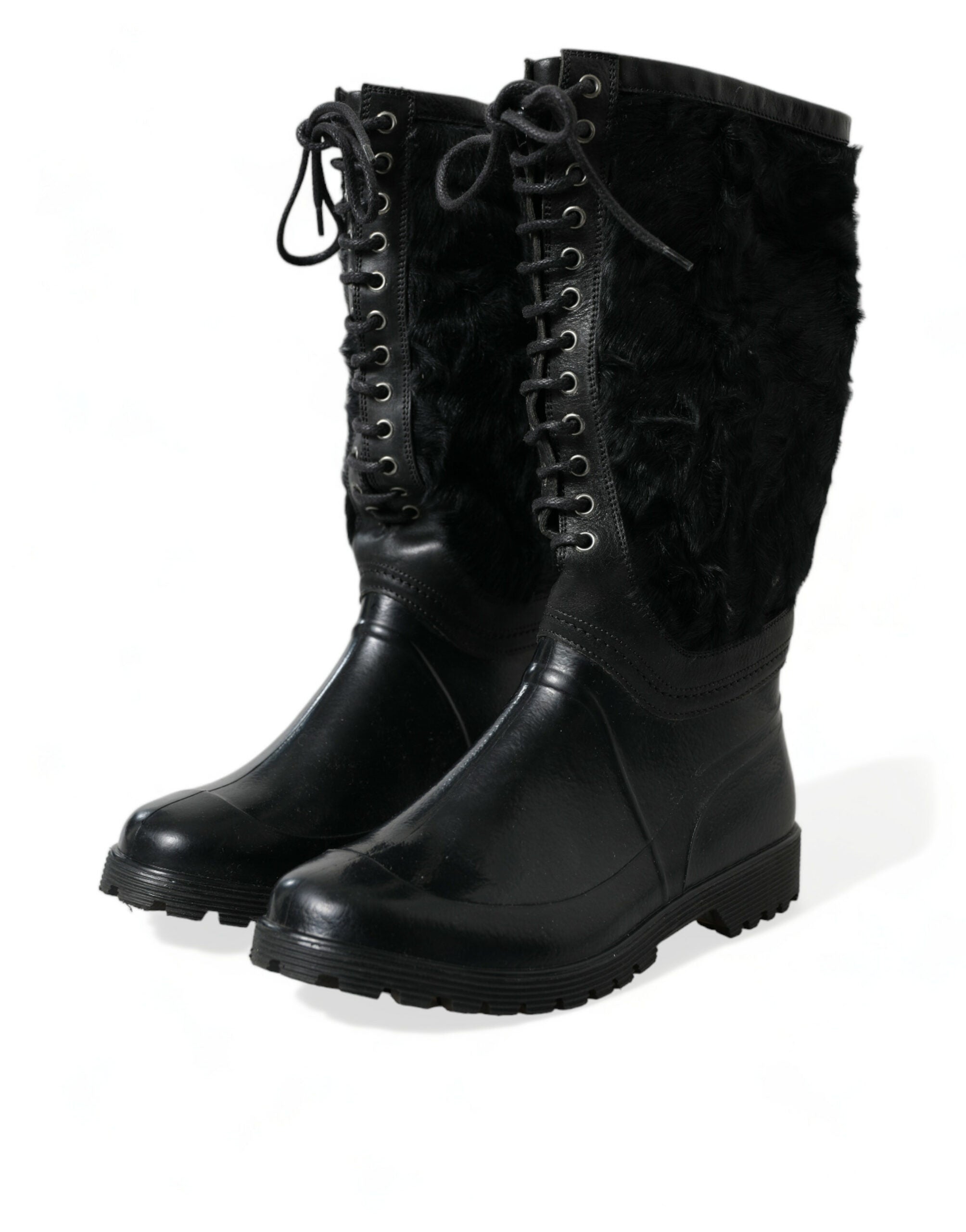 Dolce & Gabbana Black Rubber Lace Up Shearling Rain Boots Shoes - DEA STILOSA MILANO