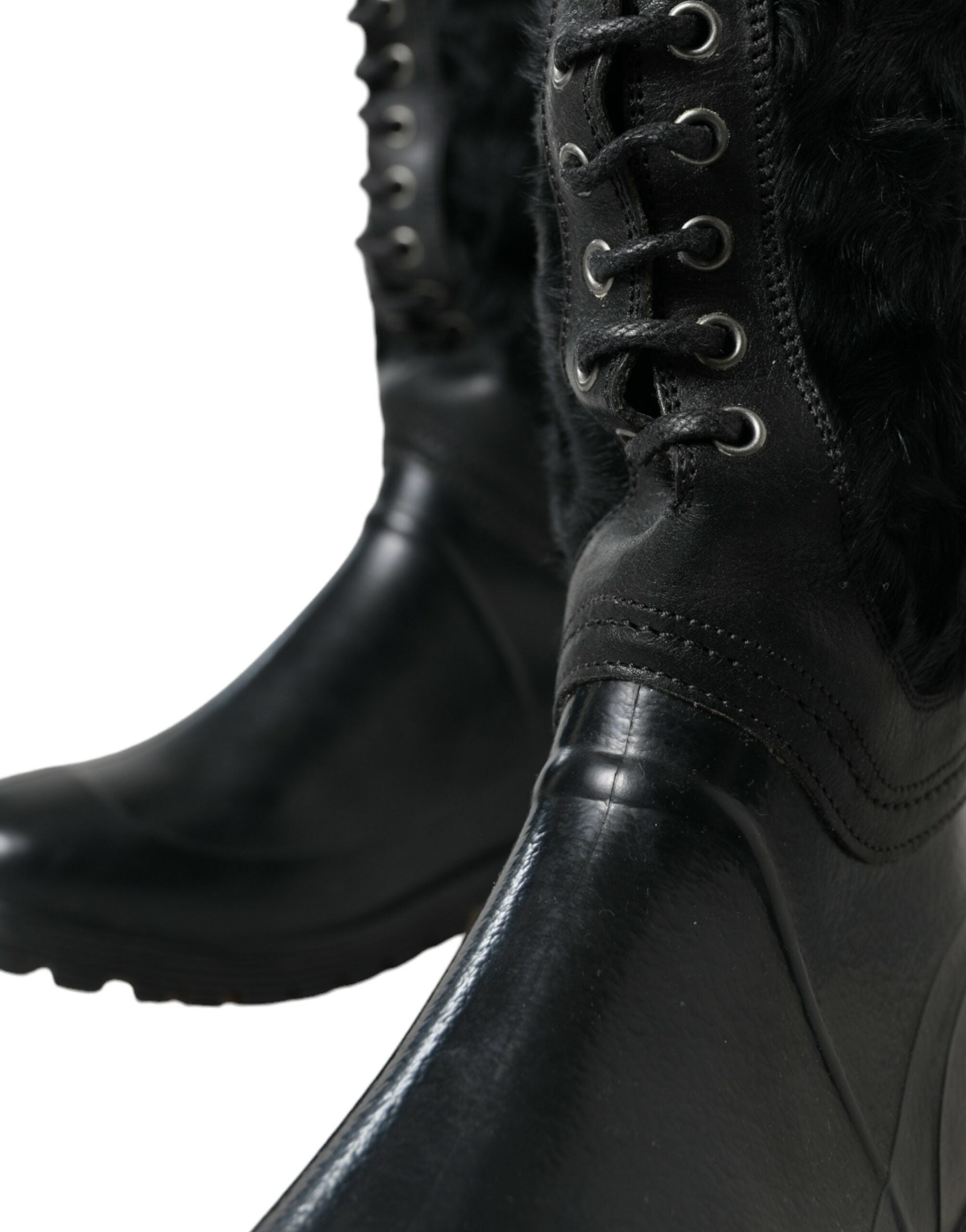Dolce & Gabbana Black Rubber Lace Up Shearling Rain Boots Shoes - DEA STILOSA MILANO