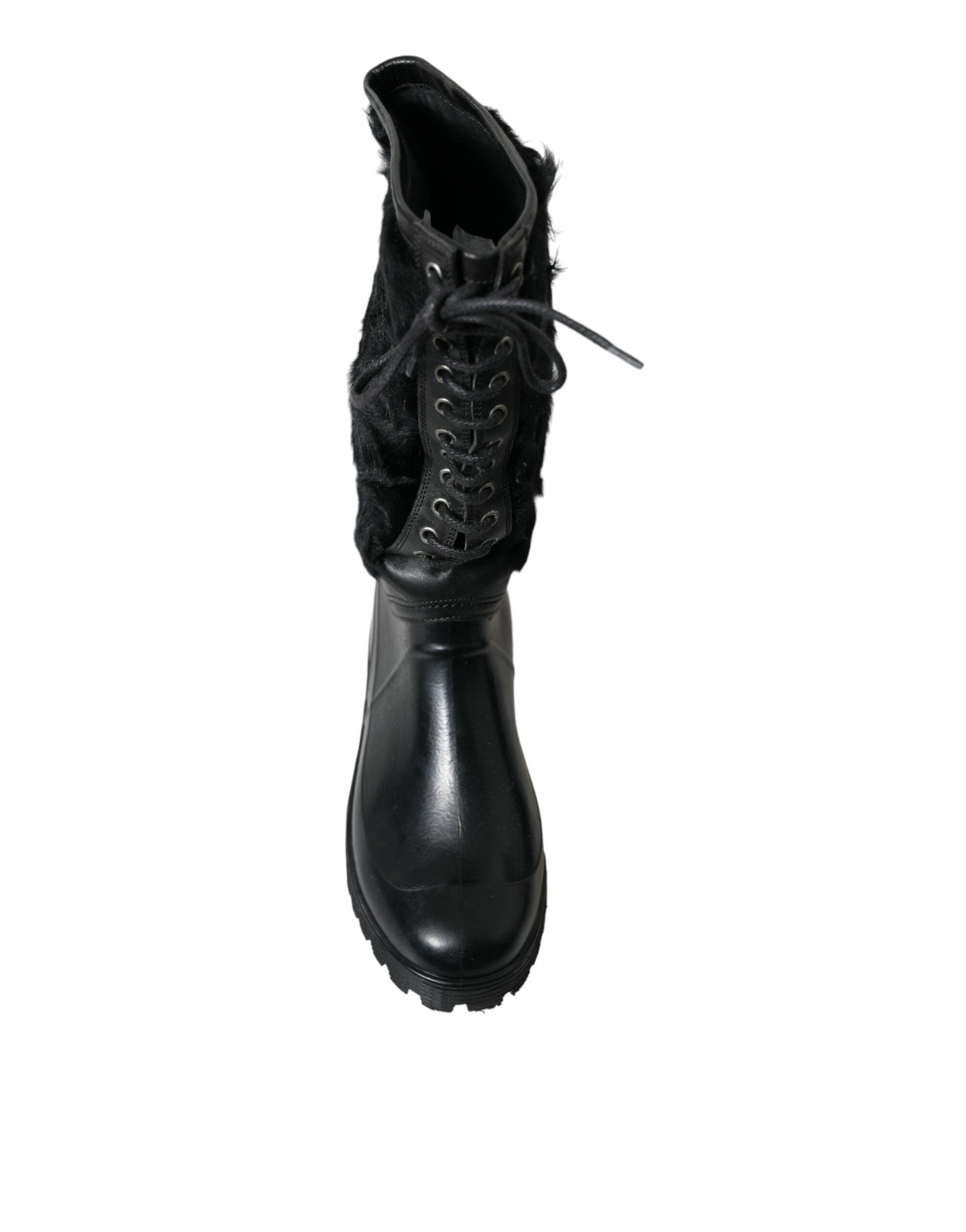 Dolce & Gabbana Black Rubber Lace Up Shearling Rain Boots Shoes - DEA STILOSA MILANO