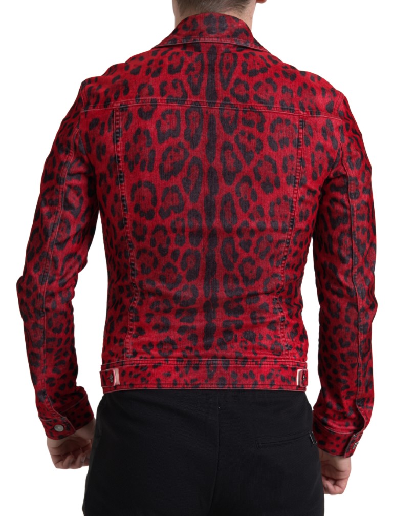 Dolce & Gabbana Red Leopard Cotton Collared Denim Jacket - DEA STILOSA MILANO