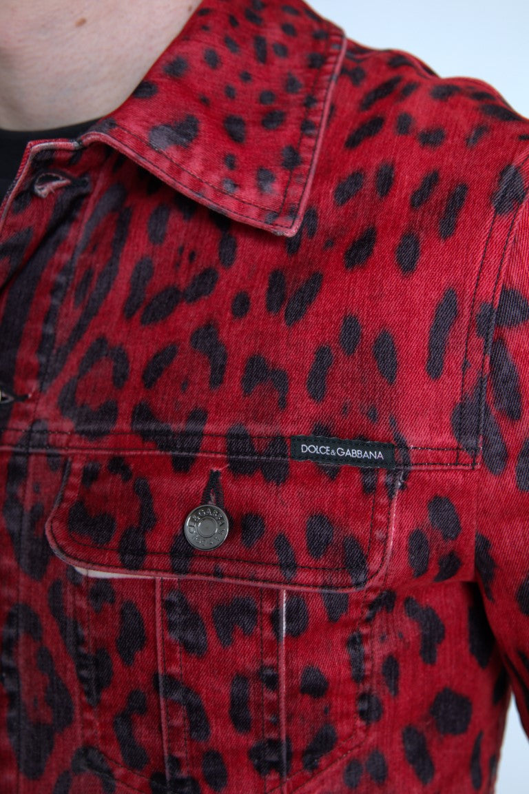 Dolce & Gabbana Red Leopard Cotton Collared Denim Jacket - DEA STILOSA MILANO